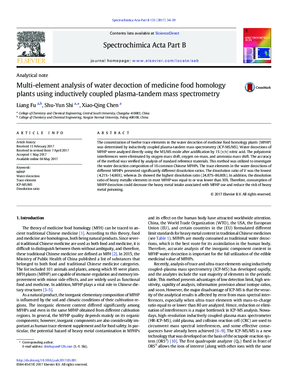 Multi-element analysis of water decoction of medicine food homology plants using inductively coupled plasma-tandem mass spectrometry