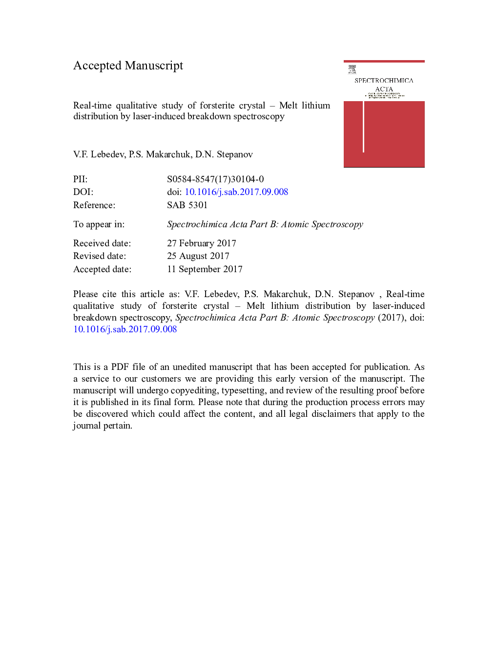 Real-time qualitative study of forsterite crystal - Melt lithium distribution by laser-induced breakdown spectroscopy