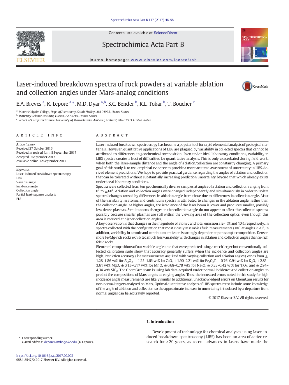 Laser-induced breakdown spectra of rock powders at variable ablation and collection angles under Mars-analog conditions