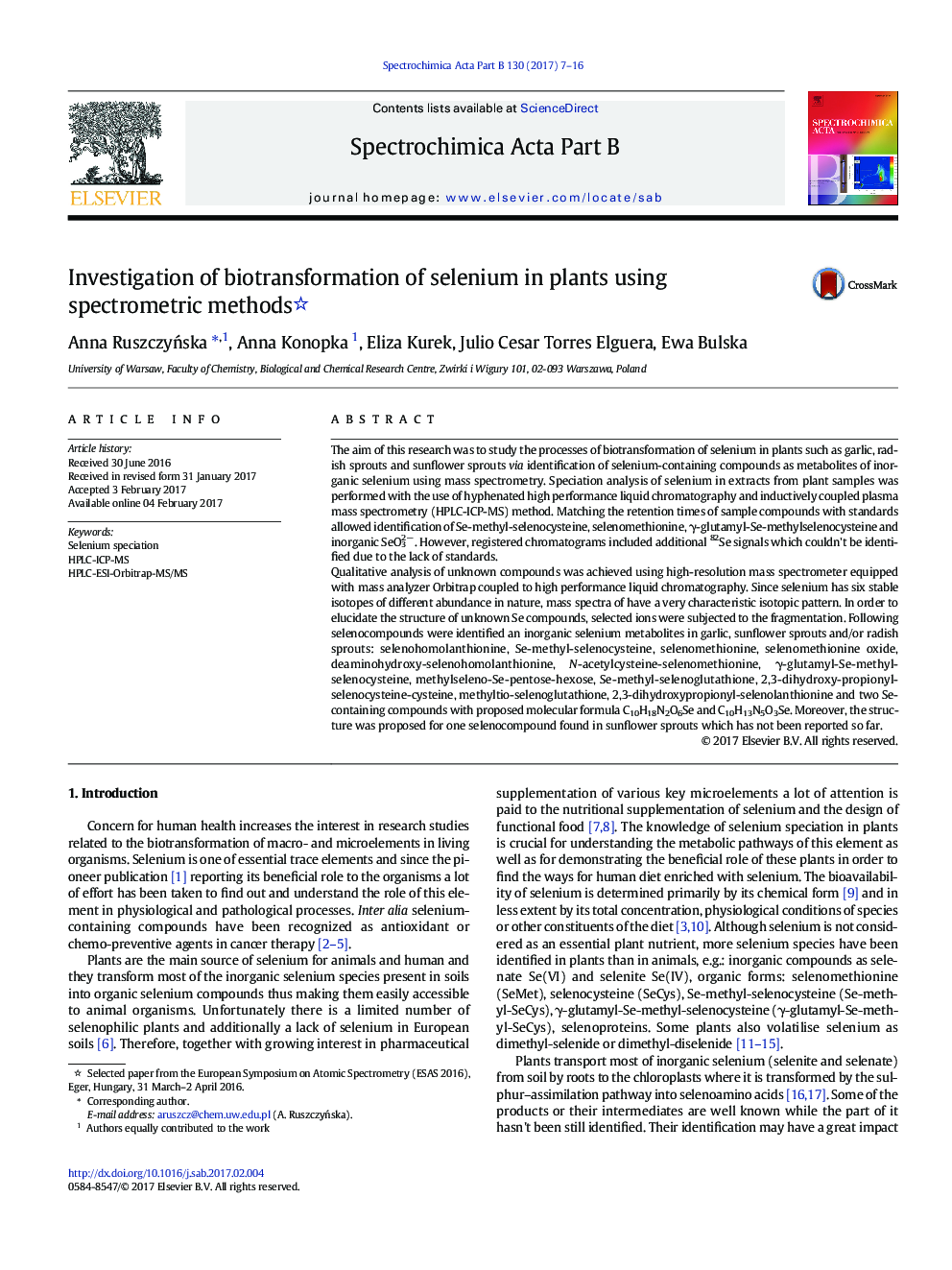 عکس صفحه اول مقاله: Investigation of biotransformation of selenium in plants using spectrometric methods Investigation of biotransformation of selenium in plants using spectrometric methods