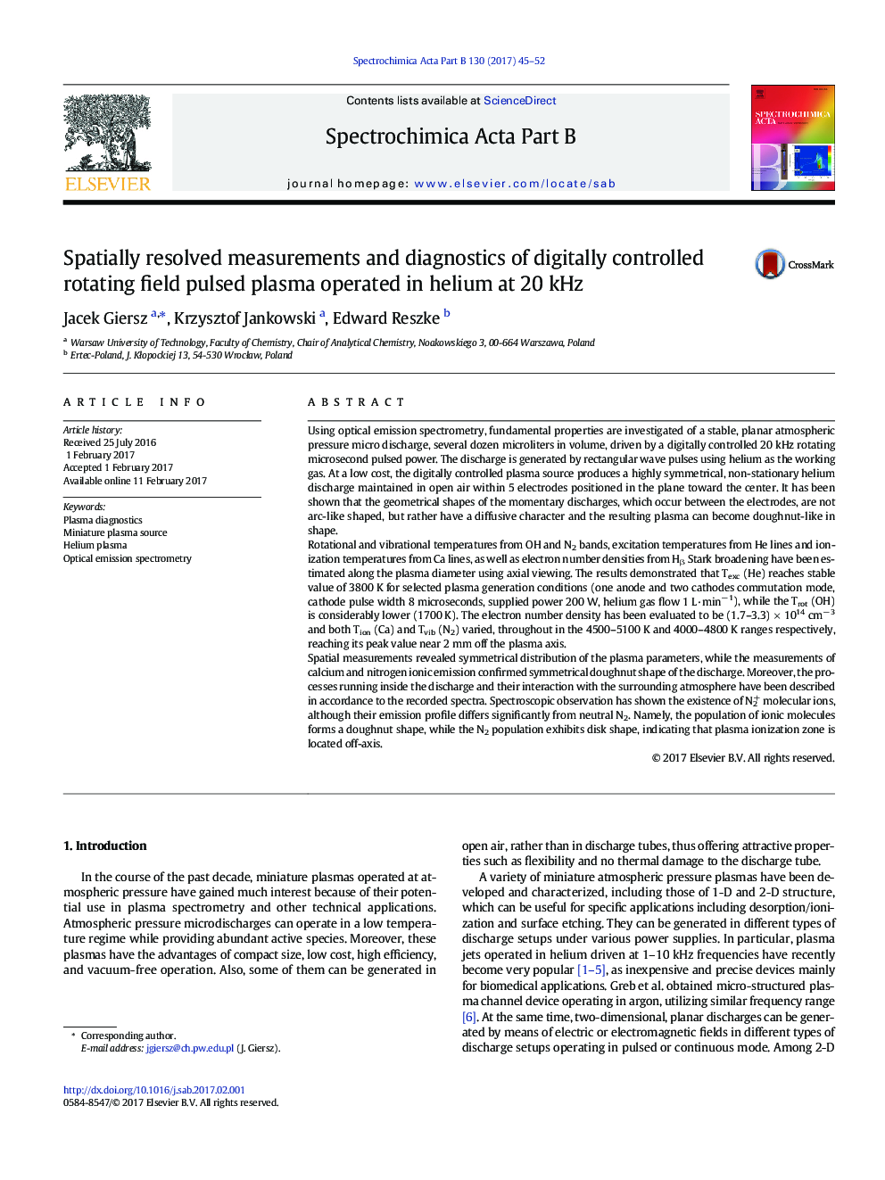 Spatially resolved measurements and diagnostics of digitally controlled rotating field pulsed plasma operated in helium at 20Â kHz