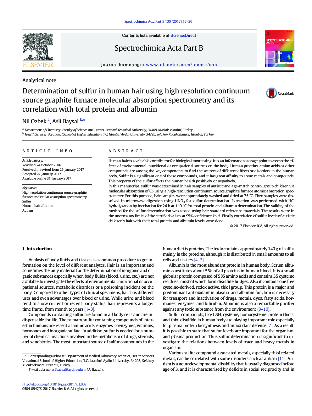 Determination of sulfur in human hair using high resolution continuum source graphite furnace molecular absorption spectrometry and its correlation with total protein and albumin