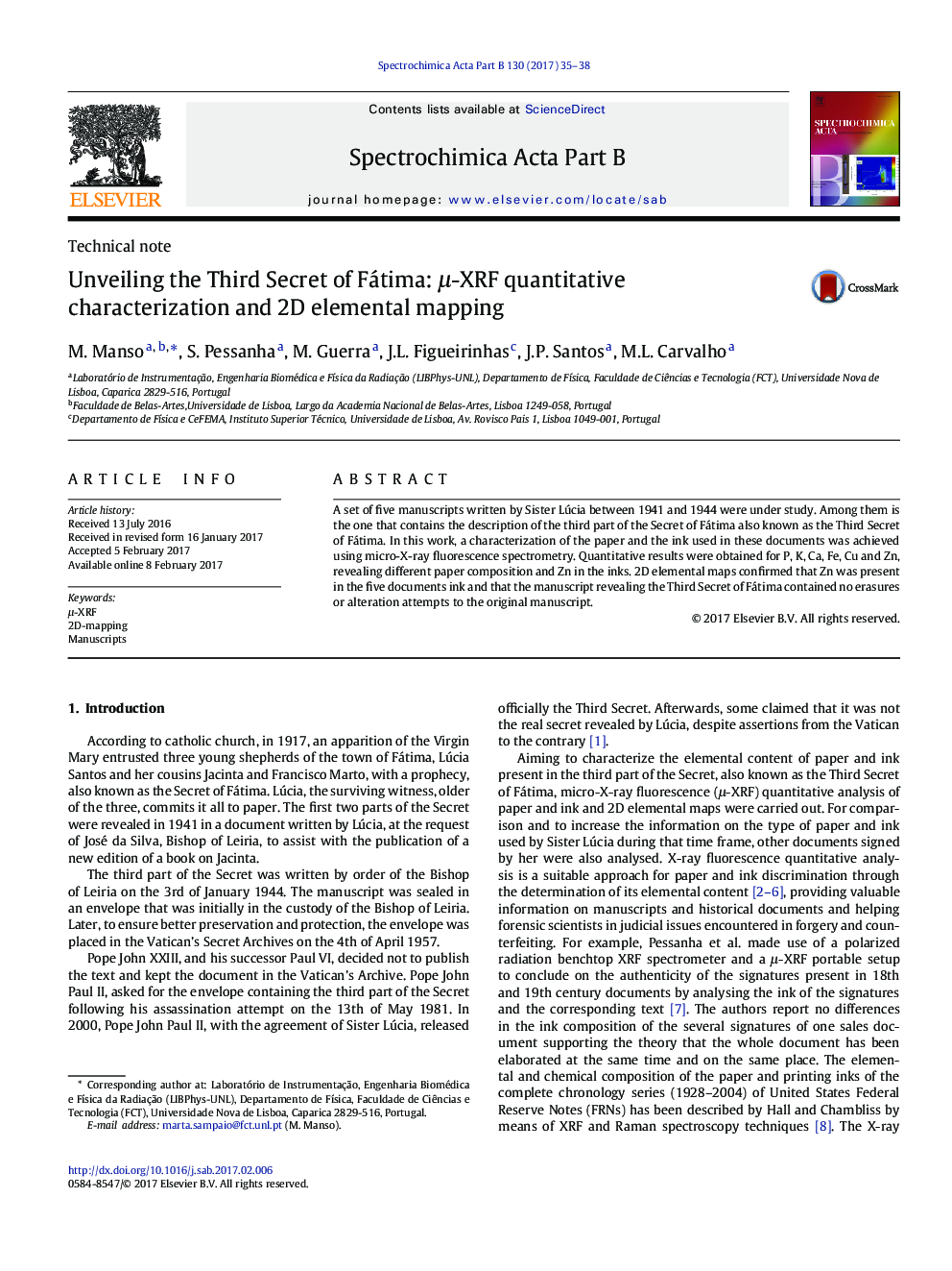 Unveiling the Third Secret of Fátima: Î¼-XRF quantitative characterization and 2D elemental mapping