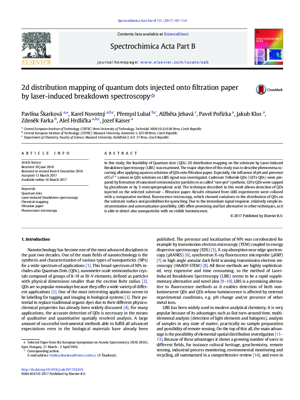 2d distribution mapping of quantum dots injected onto filtration paper by laser-induced breakdown spectroscopy