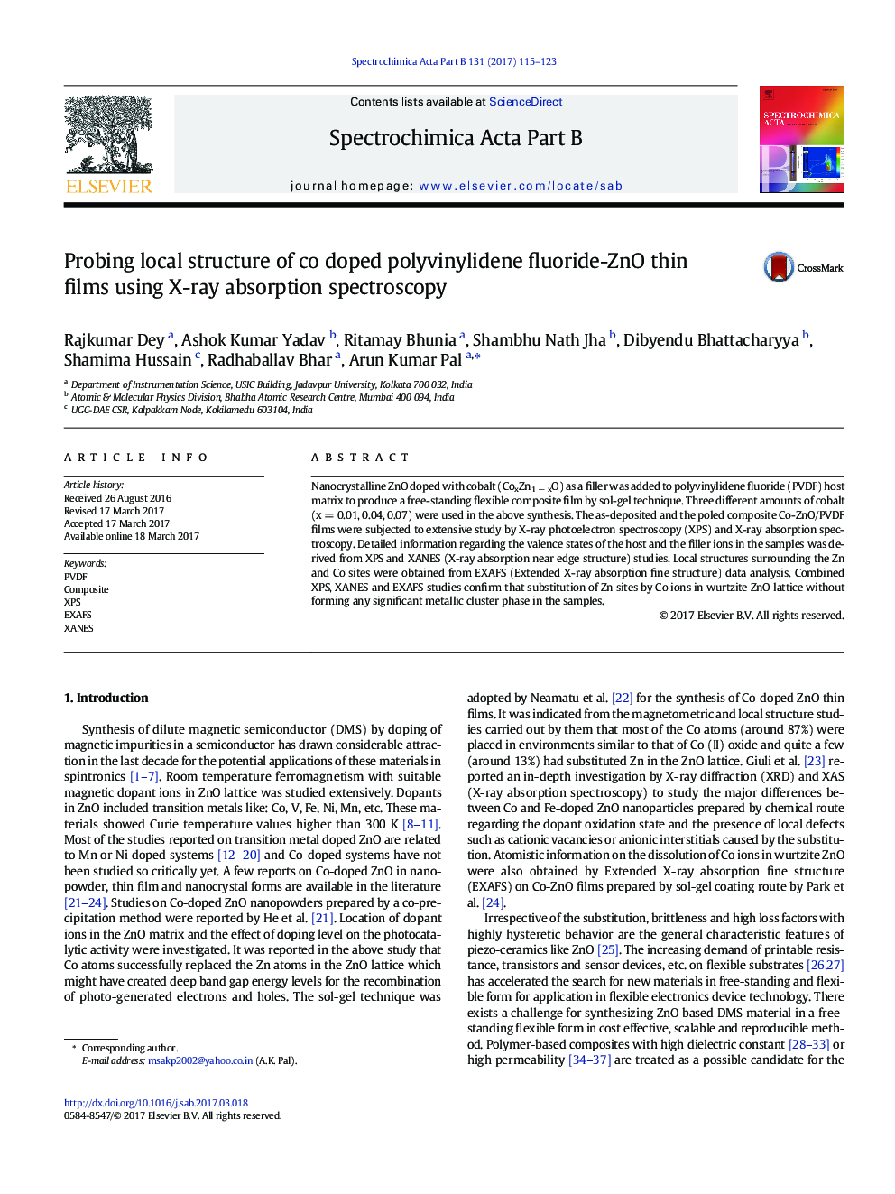 Probing local structure of co doped polyvinylidene fluoride-ZnO thin films using X-ray absorption spectroscopy