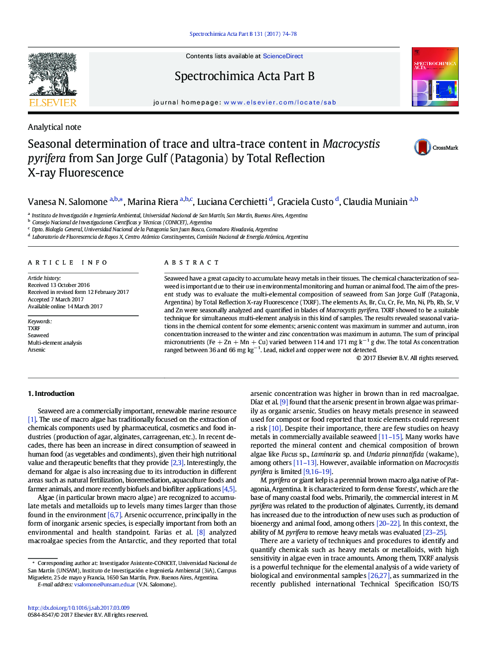 Seasonal determination of trace and ultra-trace content in Macrocystis pyrifera from San Jorge Gulf (Patagonia) by Total Reflection X-ray Fluorescence