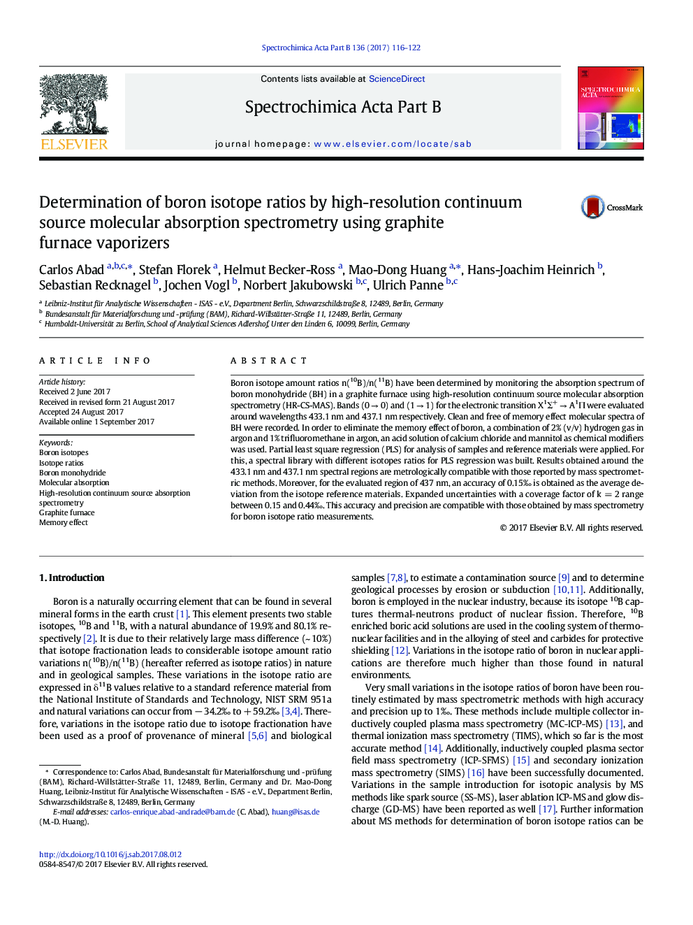 Determination of boron isotope ratios by high-resolution continuum source molecular absorption spectrometry using graphite furnace vaporizers