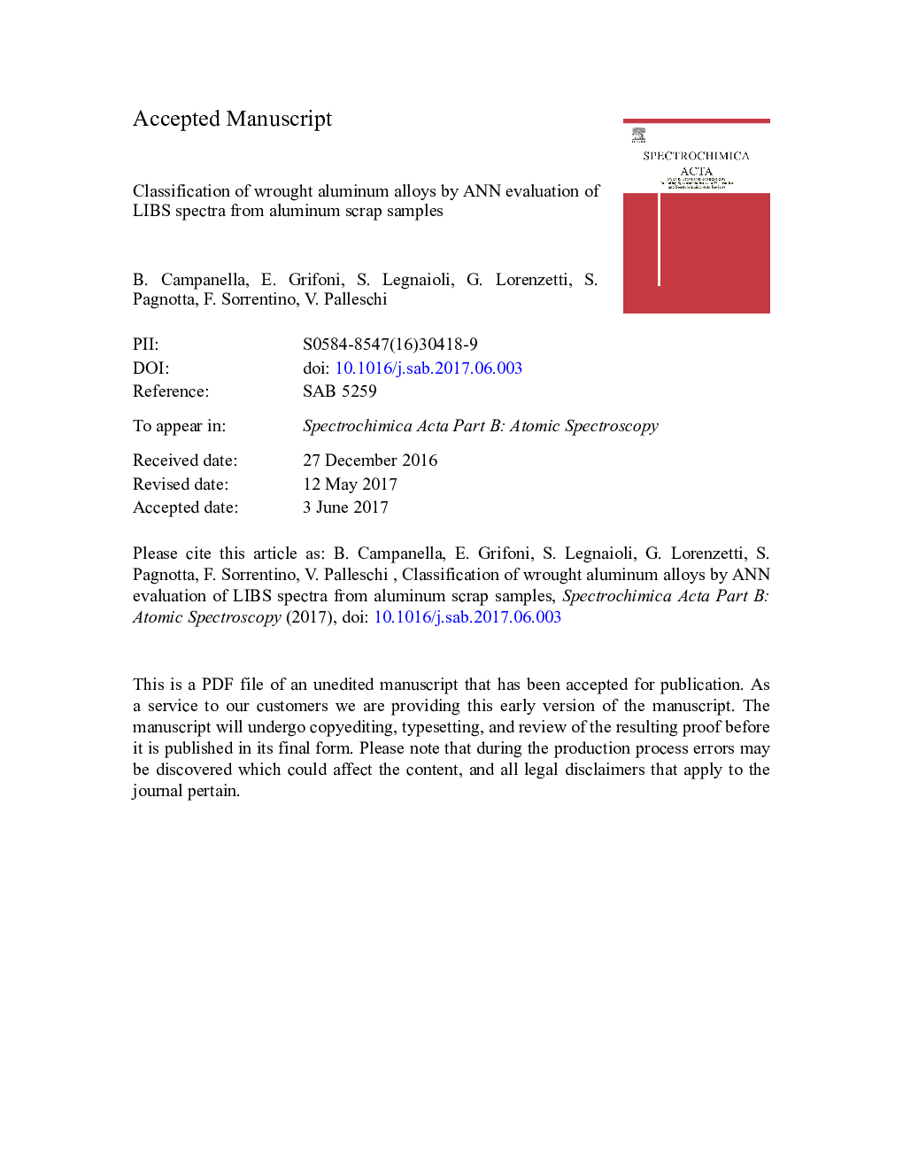 Classification of wrought aluminum alloys by Artificial Neural Networks evaluation of Laser Induced Breakdown Spectroscopy spectra from aluminum scrap samples