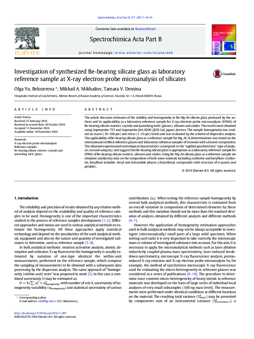 Investigation of synthesized Be-bearing silicate glass as laboratory reference sample at X-ray electron probe microanalysis of silicates