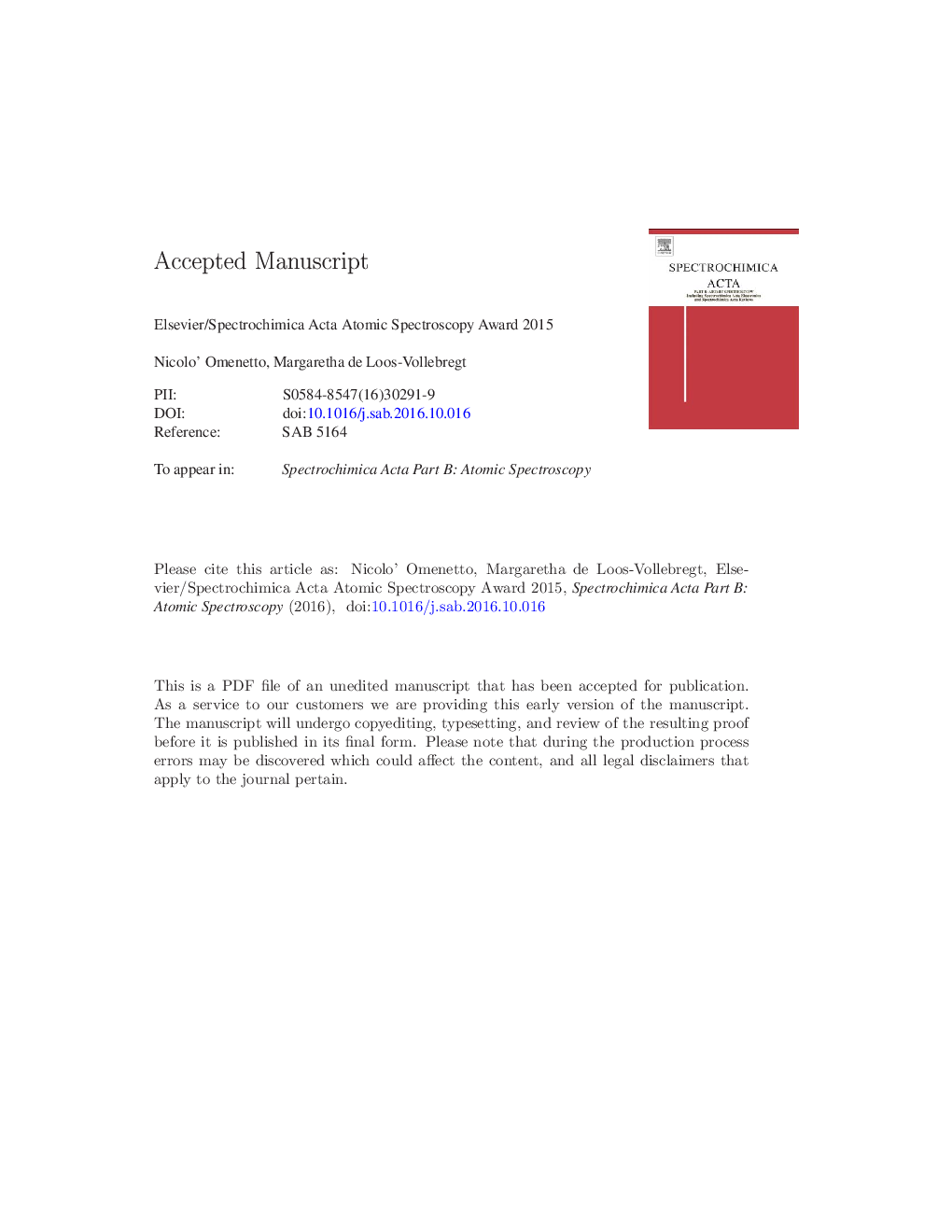 Elsevier/Spectrochimica Acta atomic spectroscopy award 2015