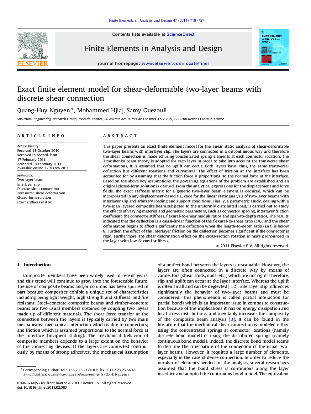 Exact finite element model for shear-deformable two-layer beams with discrete shear connection