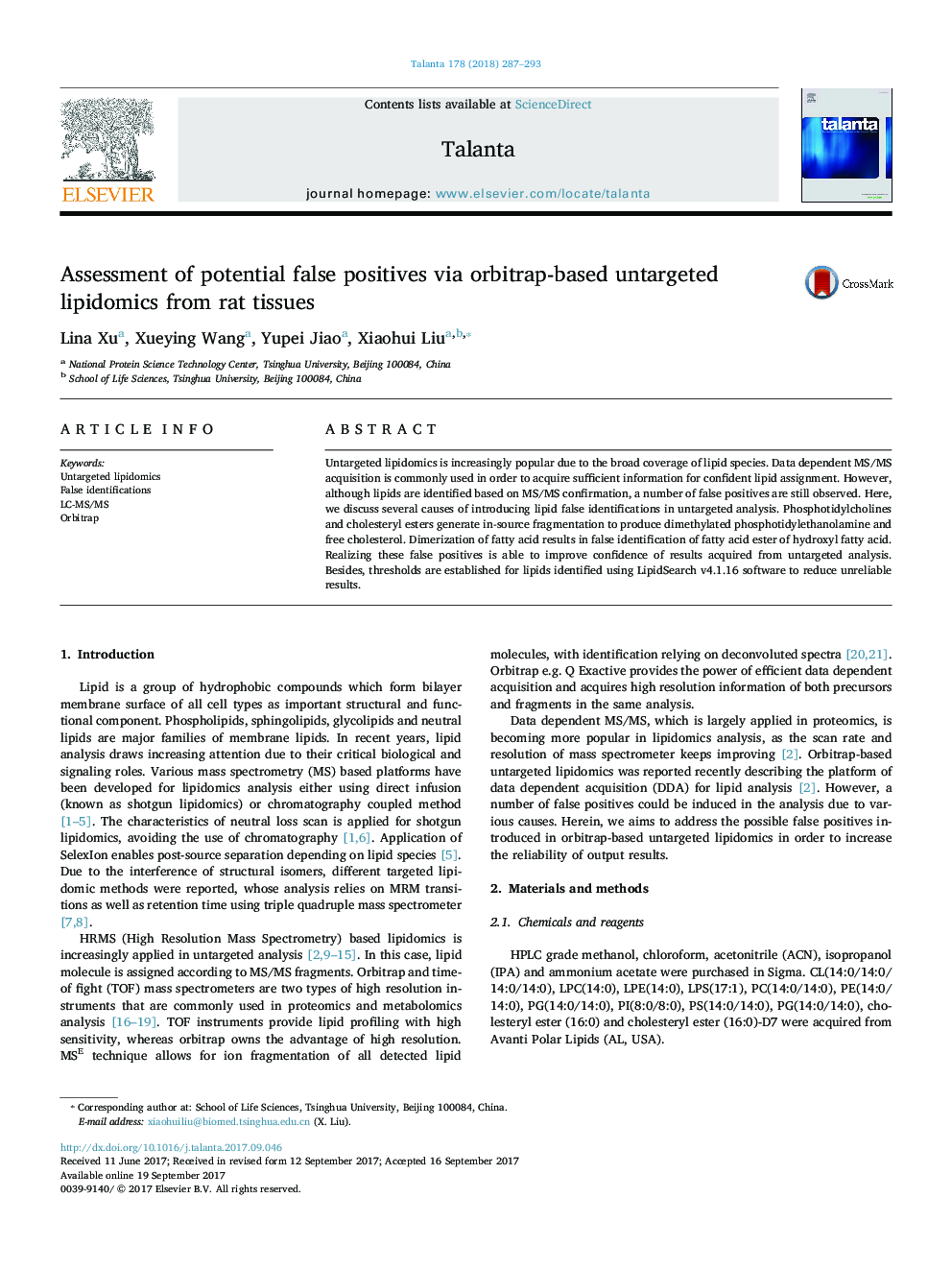 Assessment of potential false positives via orbitrap-based untargeted lipidomics from rat tissues