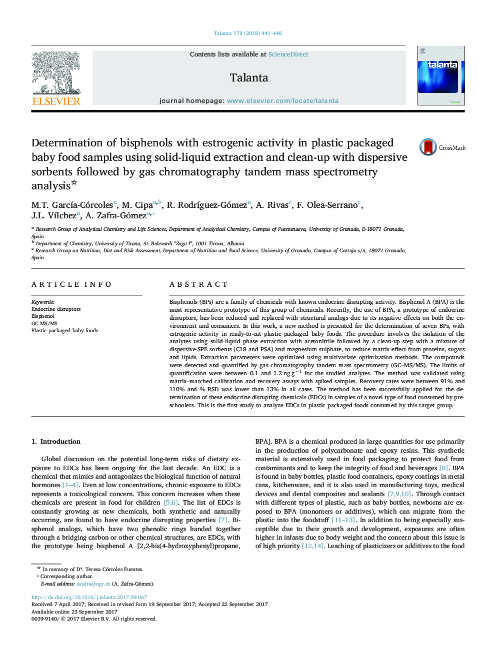 Determination of bisphenols with estrogenic activity in plastic packaged baby food samples using solid-liquid extraction and clean-up with dispersive sorbents followed by gas chromatography tandem mass spectrometry analysis