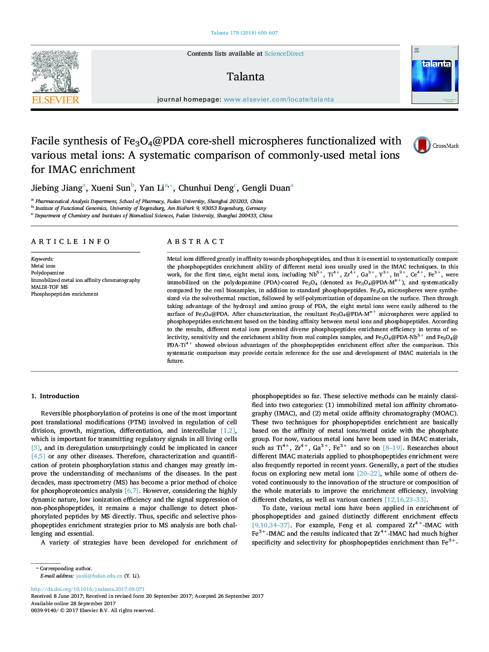 Facile synthesis of Fe3O4@PDA core-shell microspheres functionalized with various metal ions: A systematic comparison of commonly-used metal ions for IMAC enrichment