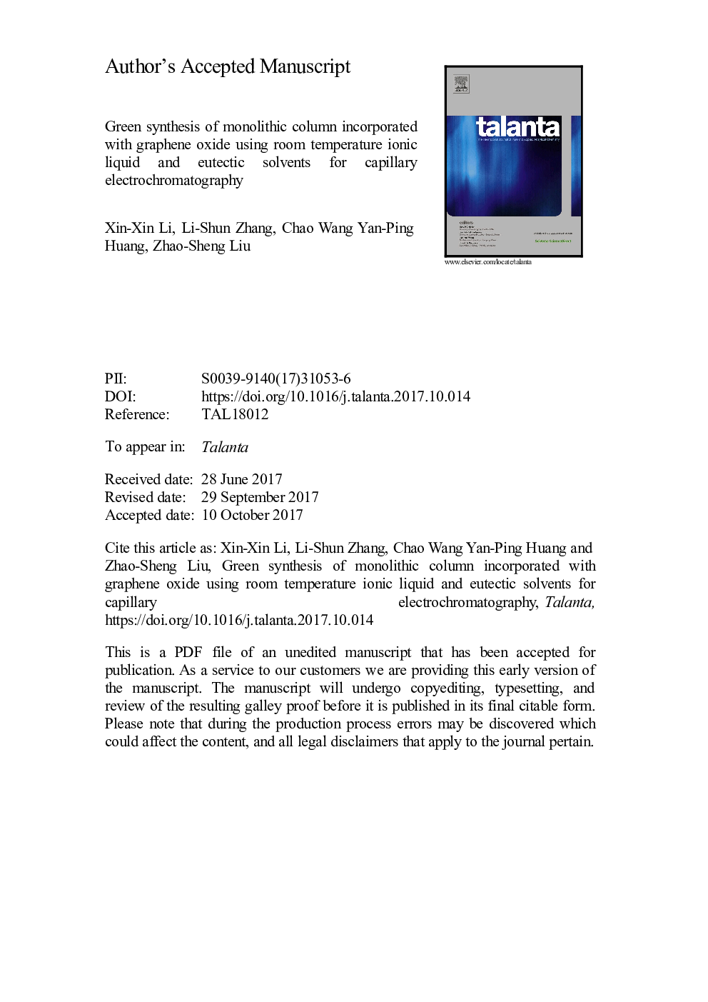 Green synthesis of monolithic column incorporated with graphene oxide using room temperature ionic liquid and eutectic solvents for capillary electrochromatography