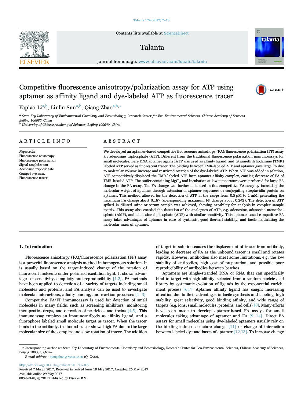 Competitive fluorescence anisotropy/polarization assay for ATP using aptamer as affinity ligand and dye-labeled ATP as fluorescence tracer