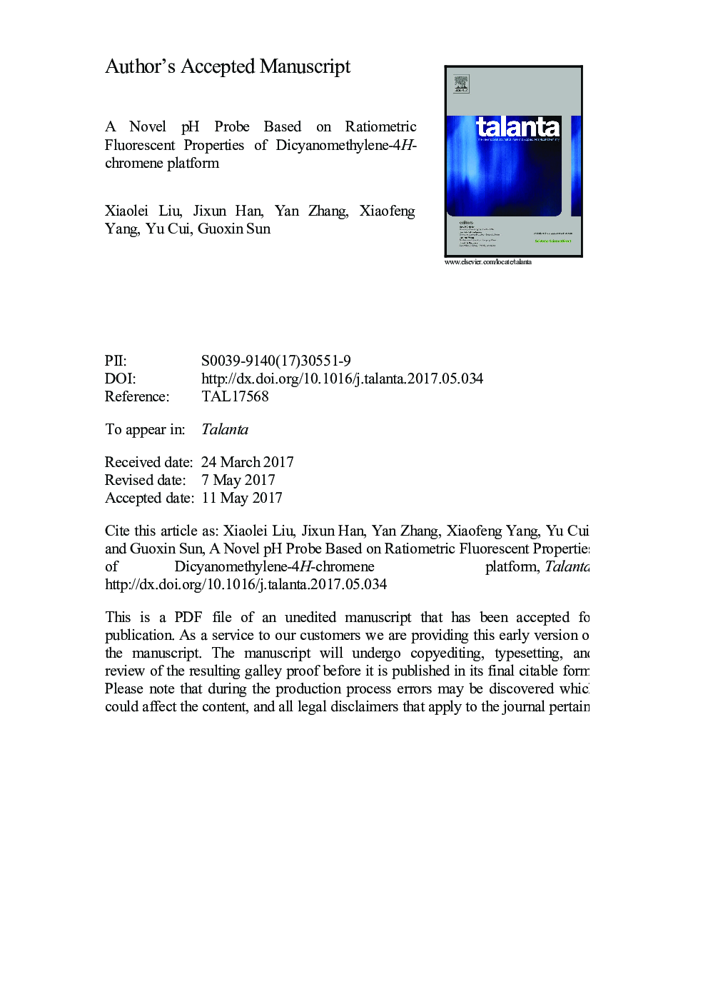 A novel pH probe based on ratiometric fluorescent properties of dicyanomethylene-4H-chromene platform