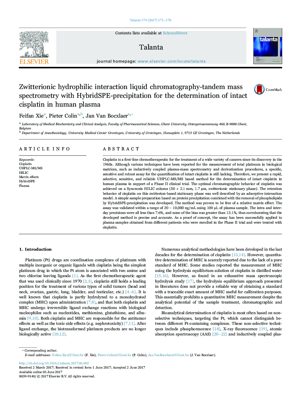 Zwitterionic hydrophilic interaction liquid chromatography-tandem mass spectrometry with HybridSPE-precipitation for the determination of intact cisplatin in human plasma