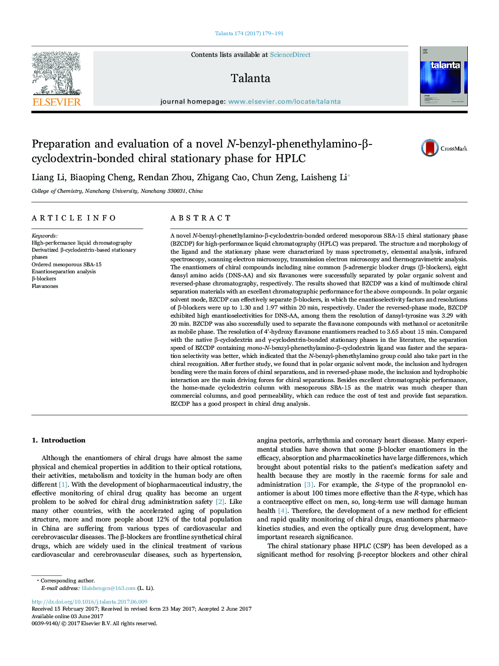 Preparation and evaluation of a novel N-benzyl-phenethylamino-Î²-cyclodextrin-bonded chiral stationary phase for HPLC