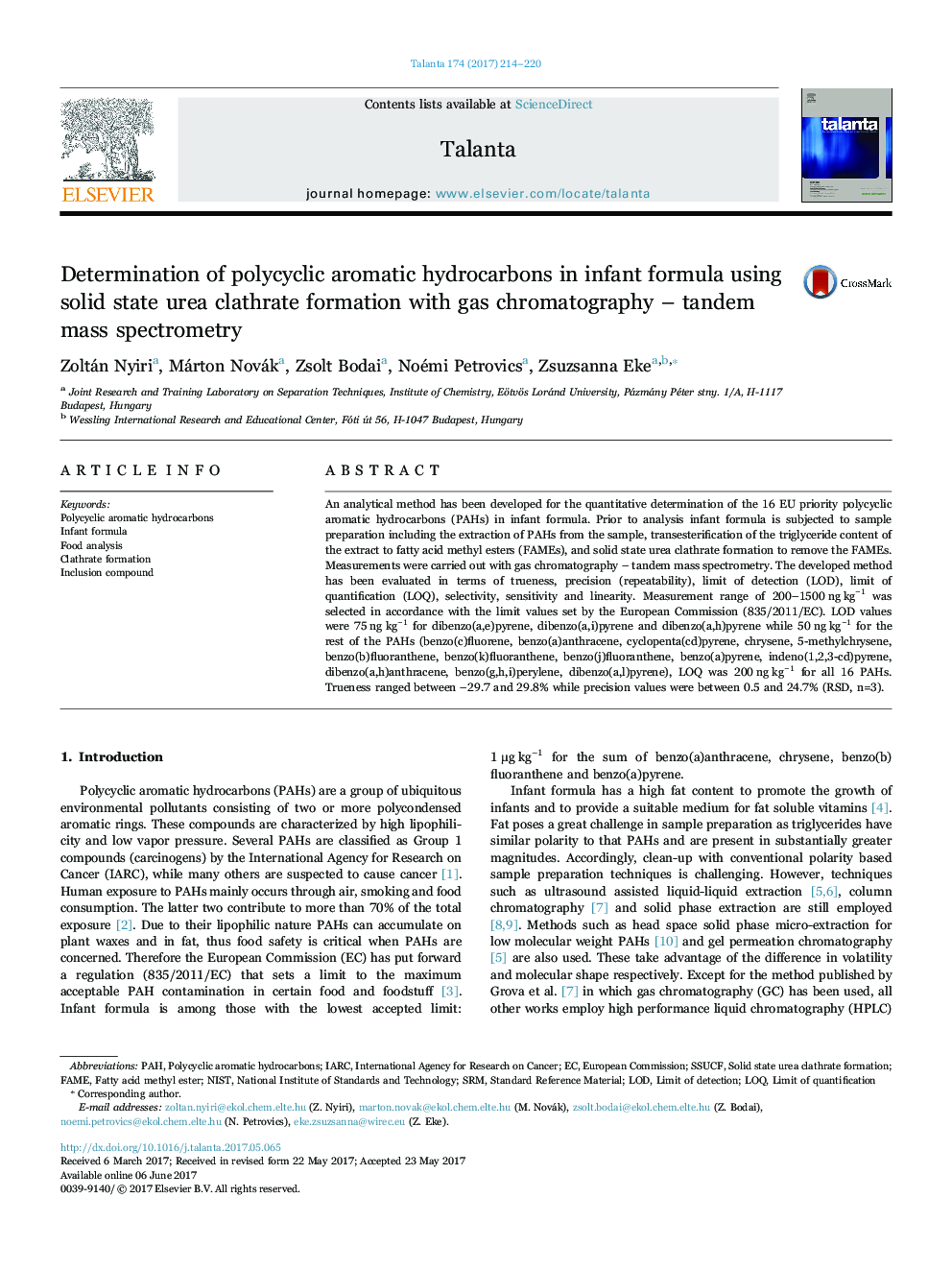 Determination of polycyclic aromatic hydrocarbons in infant formula using solid state urea clathrate formation with gas chromatography - tandem mass spectrometry