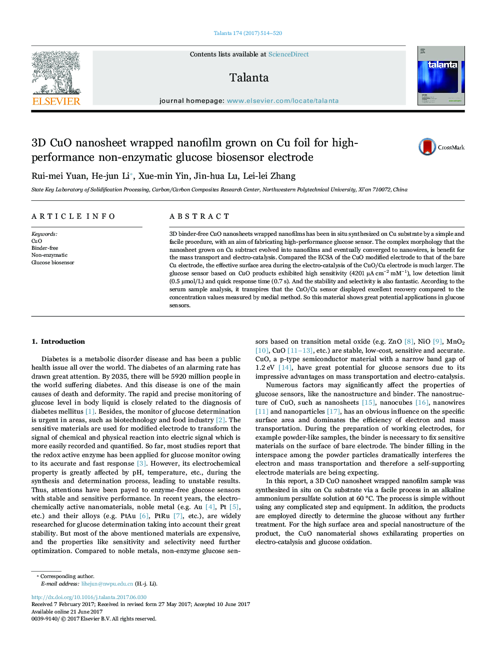 3D CuO nanosheet wrapped nanofilm grown on Cu foil for high-performance non-enzymatic glucose biosensor electrode