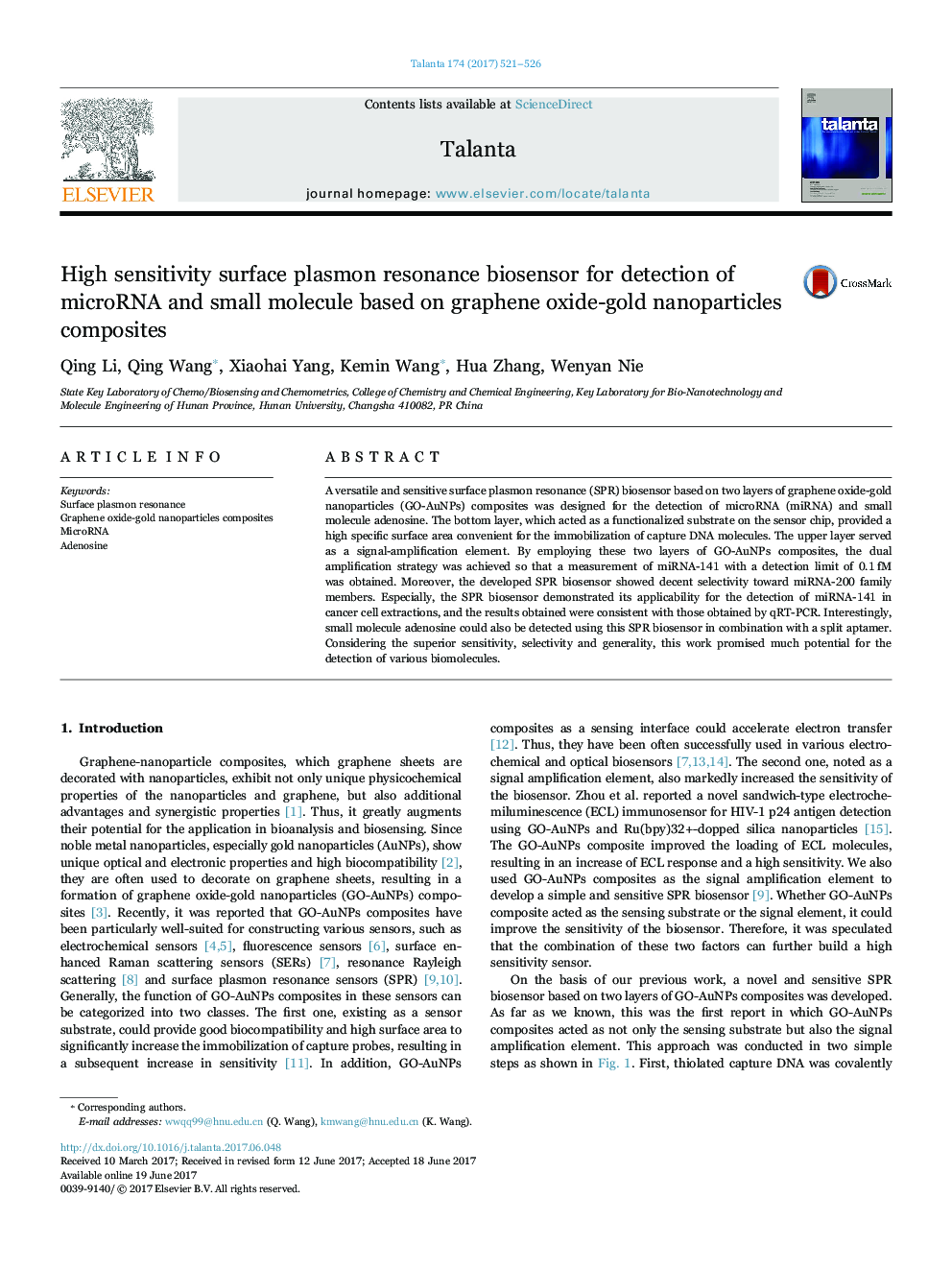 High sensitivity surface plasmon resonance biosensor for detection of microRNA and small molecule based on graphene oxide-gold nanoparticles composites