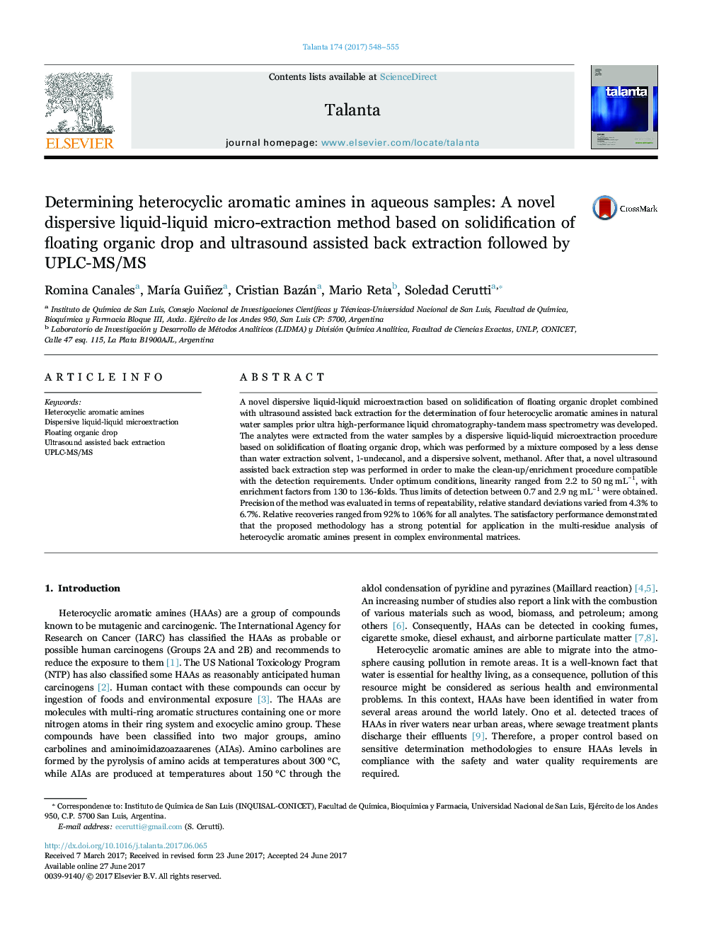 Determining heterocyclic aromatic amines in aqueous samples: A novel dispersive liquid-liquid micro-extraction method based on solidification of floating organic drop and ultrasound assisted back extraction followed by UPLC-MS/MS