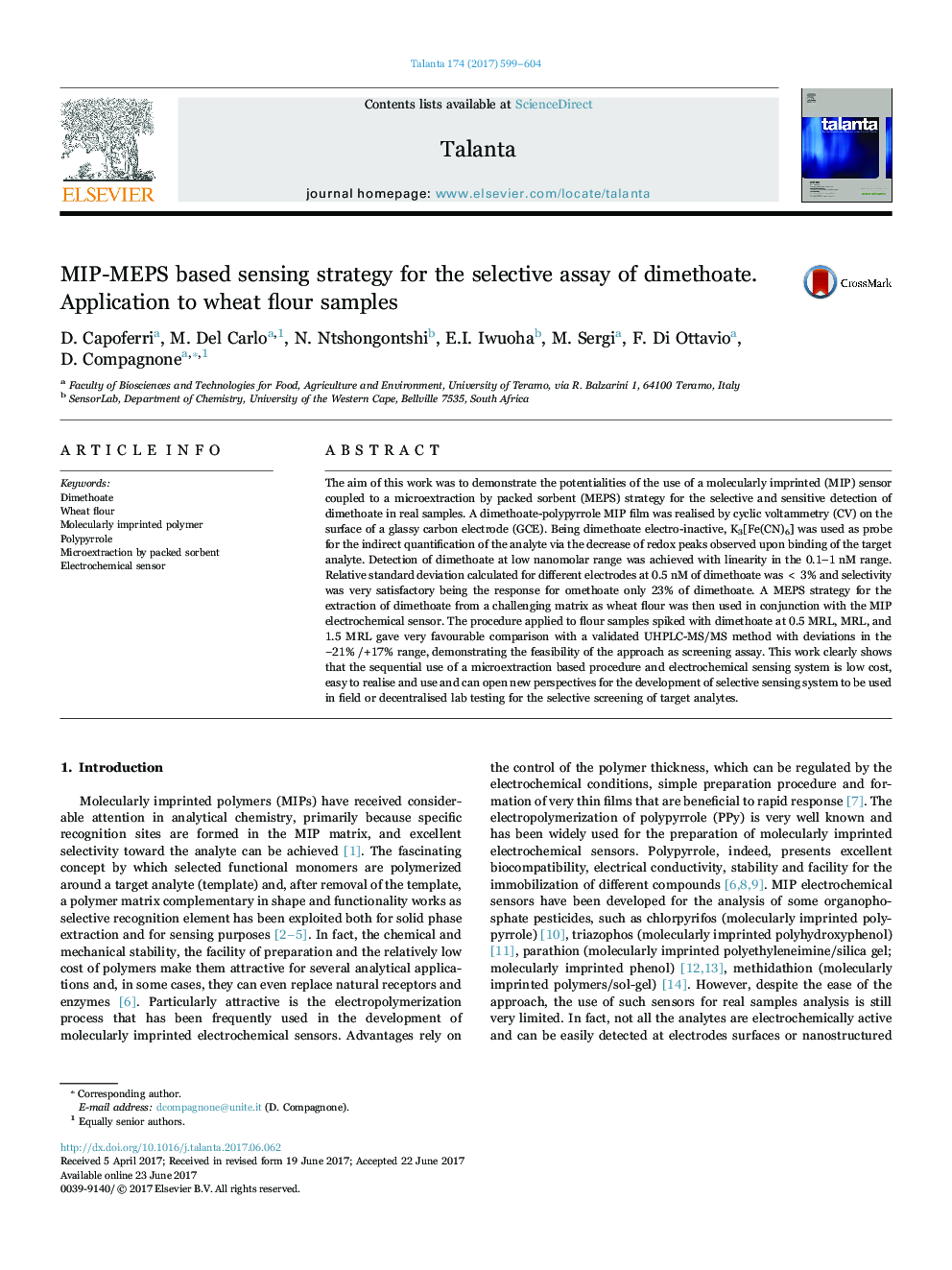 MIP-MEPS based sensing strategy for the selective assay of dimethoate. Application to wheat flour samples