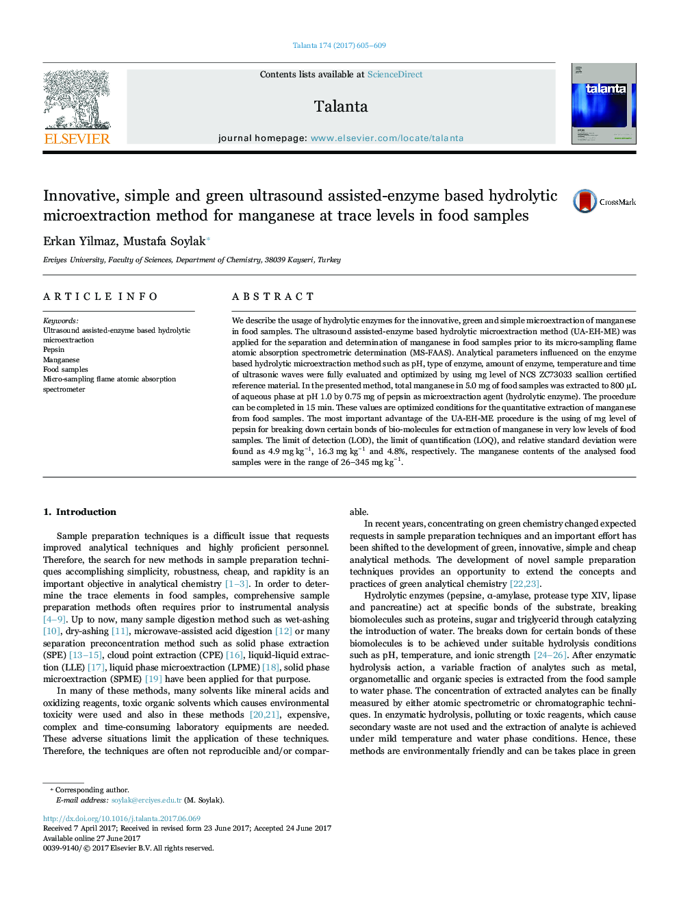 Innovative, simple and green ultrasound assisted-enzyme based hydrolytic microextraction method for manganese at trace levels in food samples