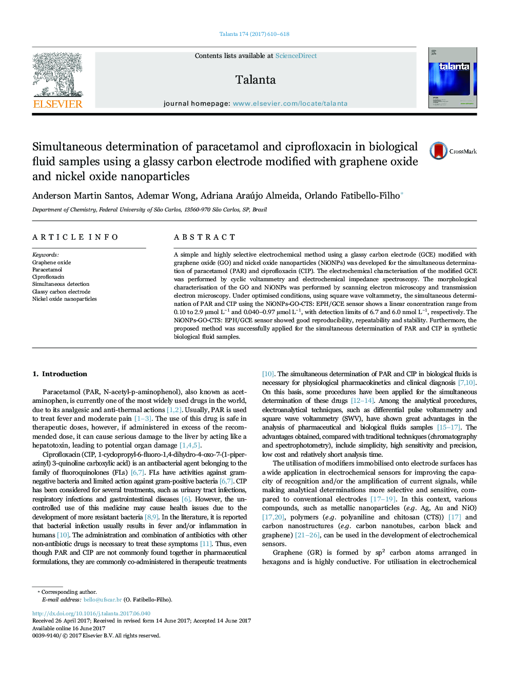 Simultaneous determination of paracetamol and ciprofloxacin in biological fluid samples using a glassy carbon electrode modified with graphene oxide and nickel oxide nanoparticles