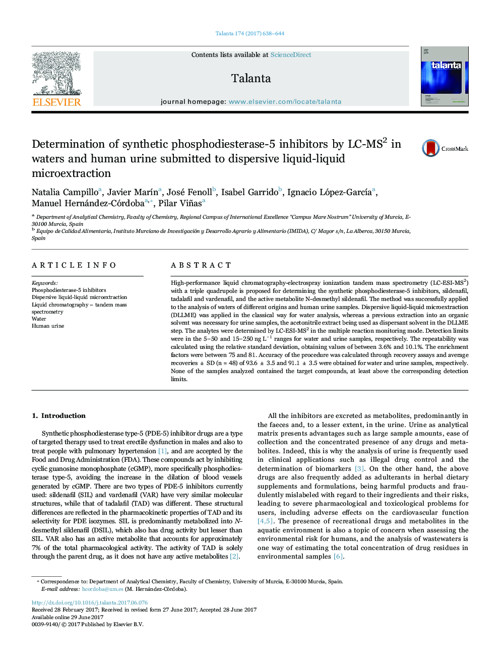 Determination of synthetic phosphodiesterase-5 inhibitors by LC-MS2 in waters and human urine submitted to dispersive liquid-liquid microextraction