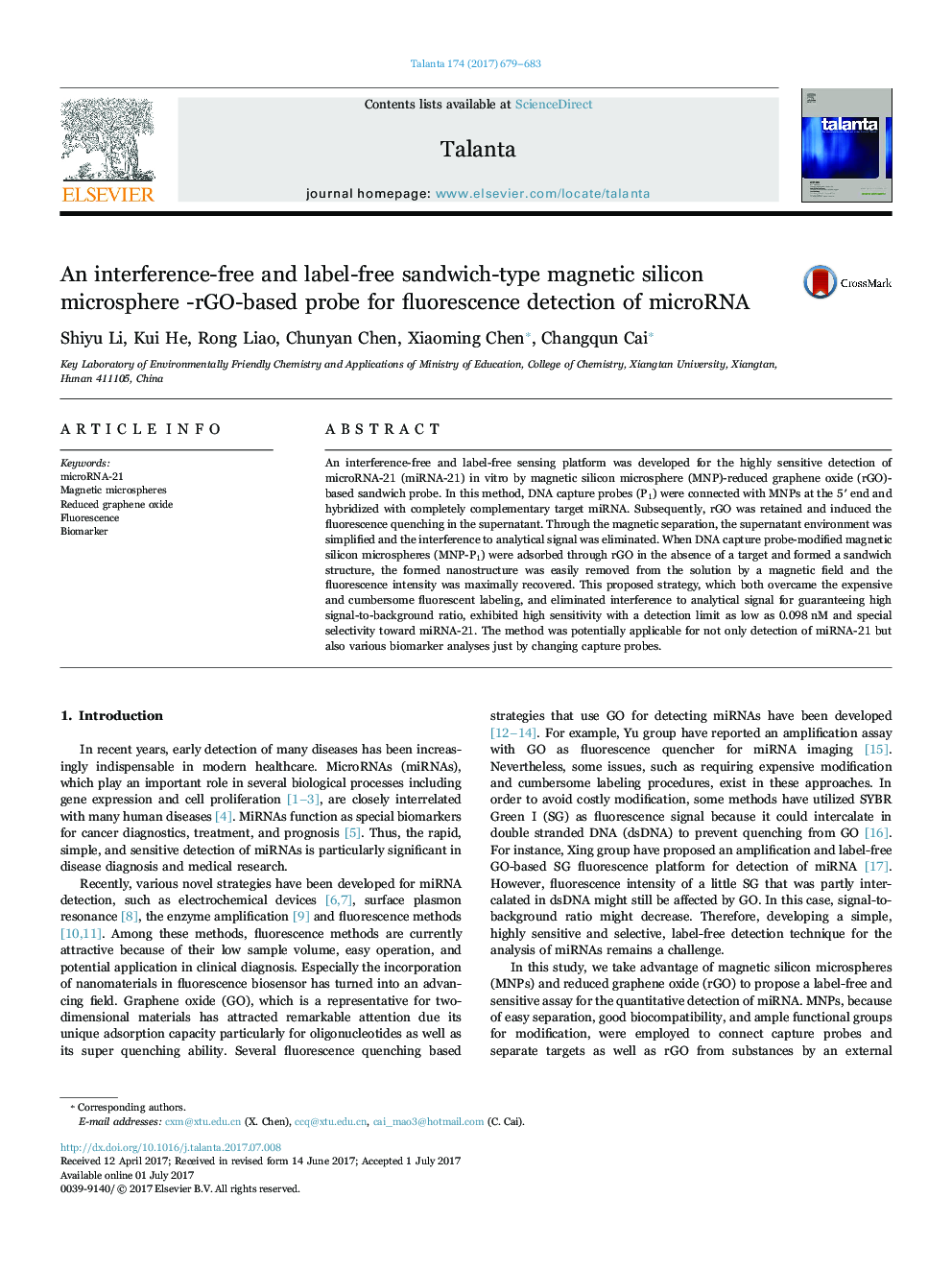 An interference-free and label-free sandwich-type magnetic silicon microsphere -rGO-based probe for fluorescence detection of microRNA