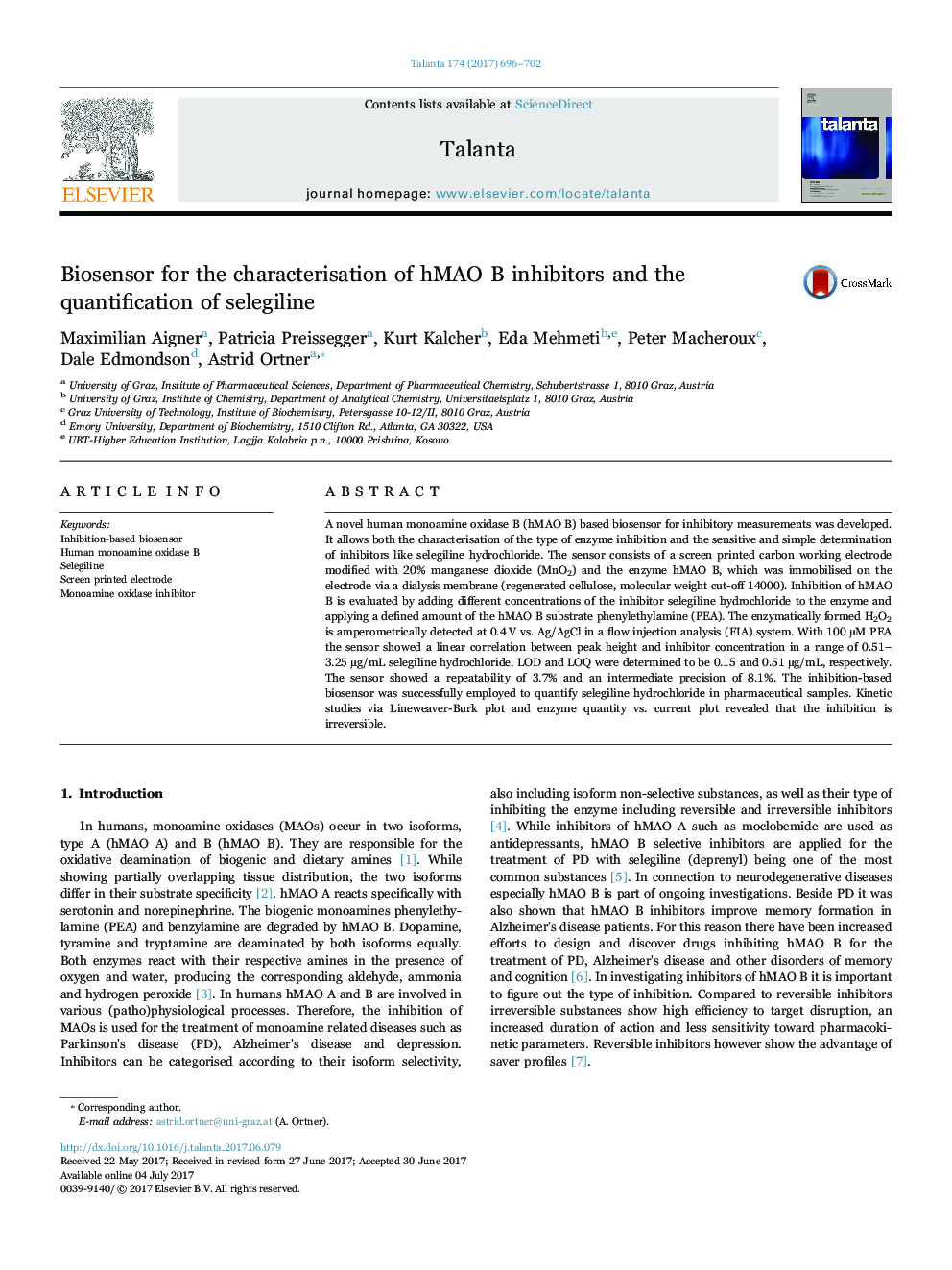 Biosensor for the characterisation of hMAO B inhibitors and the quantification of selegiline