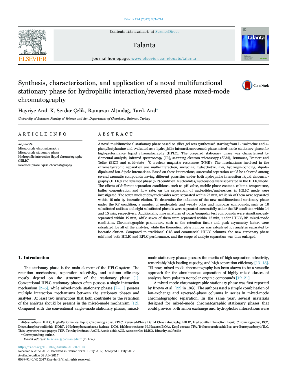 Synthesis, characterization, and application of a novel multifunctional stationary phase for hydrophilic interaction/reversed phase mixed-mode chromatography