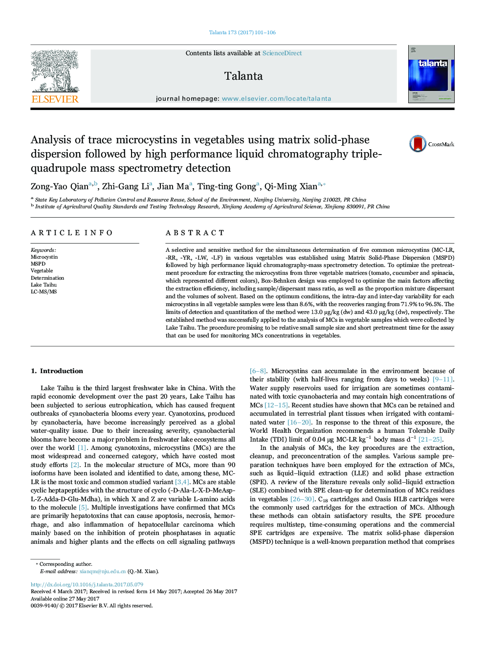 Analysis of trace microcystins in vegetables using matrix solid-phase dispersion followed by high performance liquid chromatography triple-quadrupole mass spectrometry detection