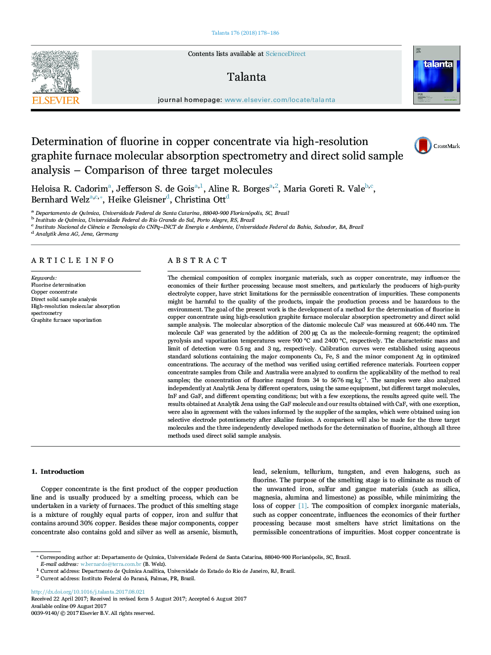 Determination of fluorine in copper concentrate via high-resolution graphite furnace molecular absorption spectrometry and direct solid sample analysis - Comparison of three target molecules