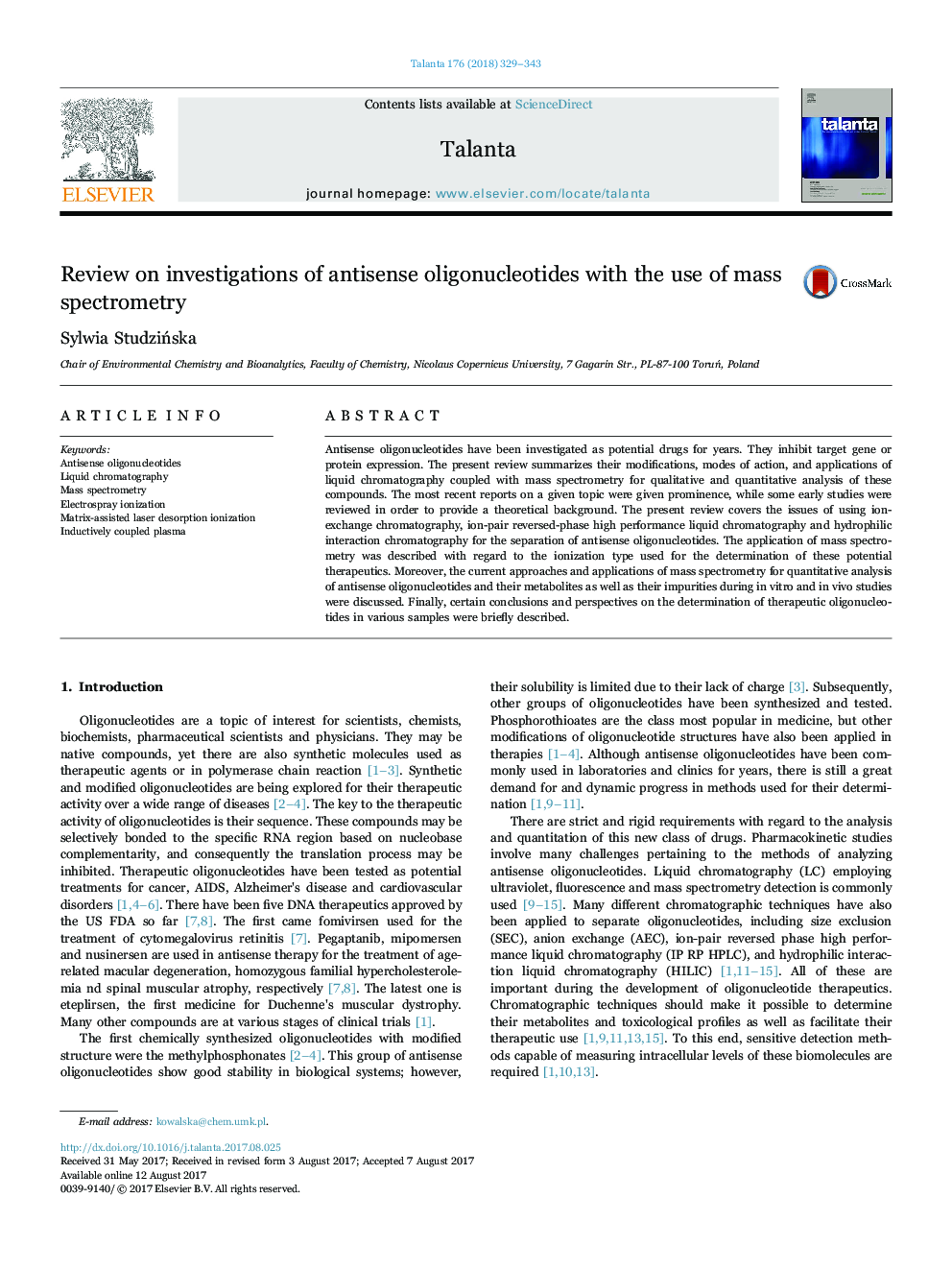 Review on investigations of antisense oligonucleotides with the use of mass spectrometry