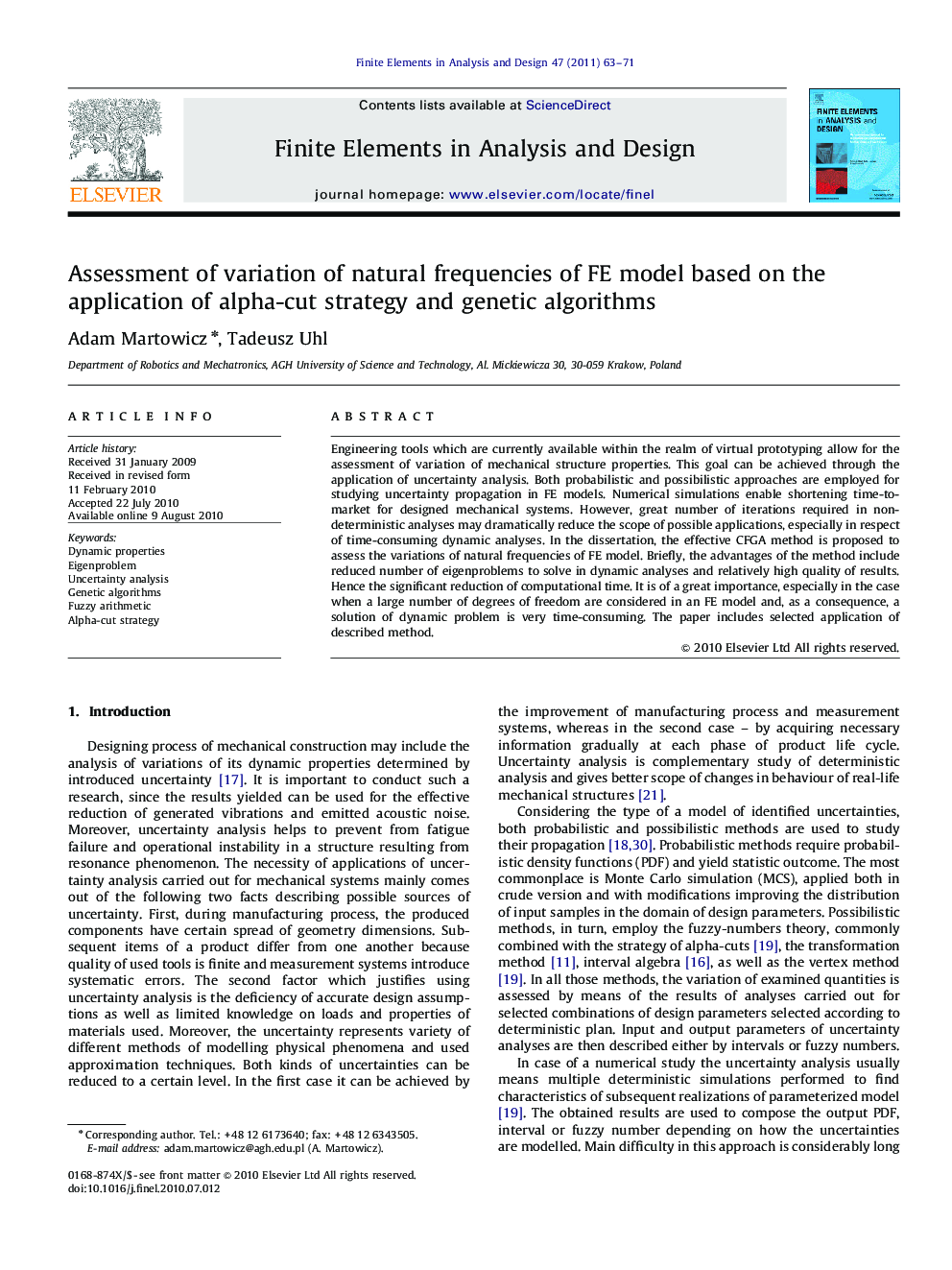 Assessment of variation of natural frequencies of FE model based on the application of alpha-cut strategy and genetic algorithms