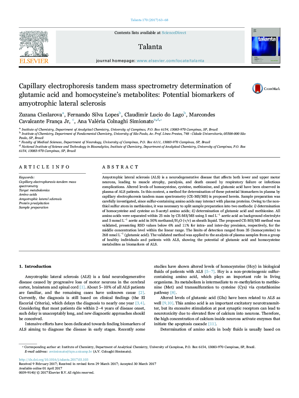Capillary electrophoresis tandem mass spectrometry determination of glutamic acid and homocysteine's metabolites: Potential biomarkers of amyotrophic lateral sclerosis