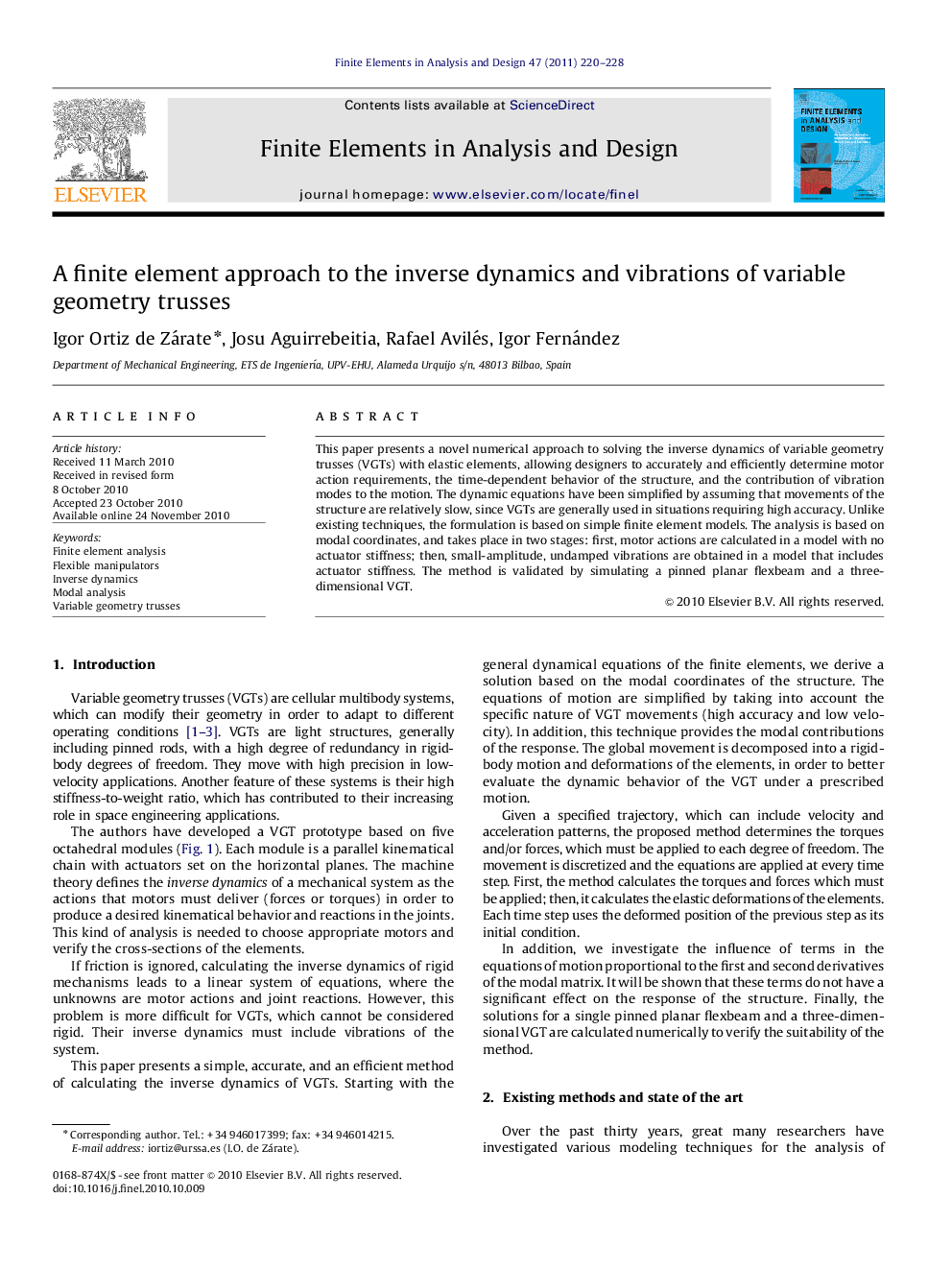 A finite element approach to the inverse dynamics and vibrations of variable geometry trusses