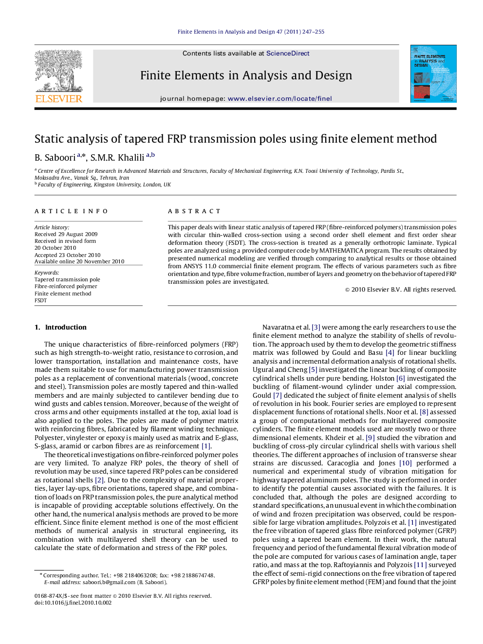 Static analysis of tapered FRP transmission poles using finite element method