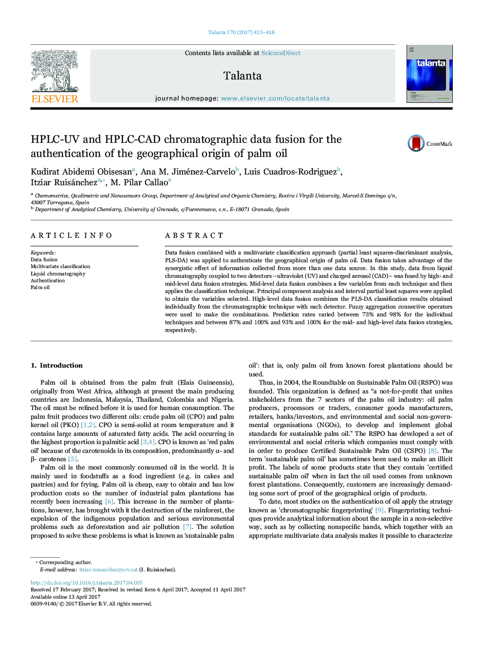 HPLC-UV and HPLC-CAD chromatographic data fusion for the authentication of the geographical origin of palm oil