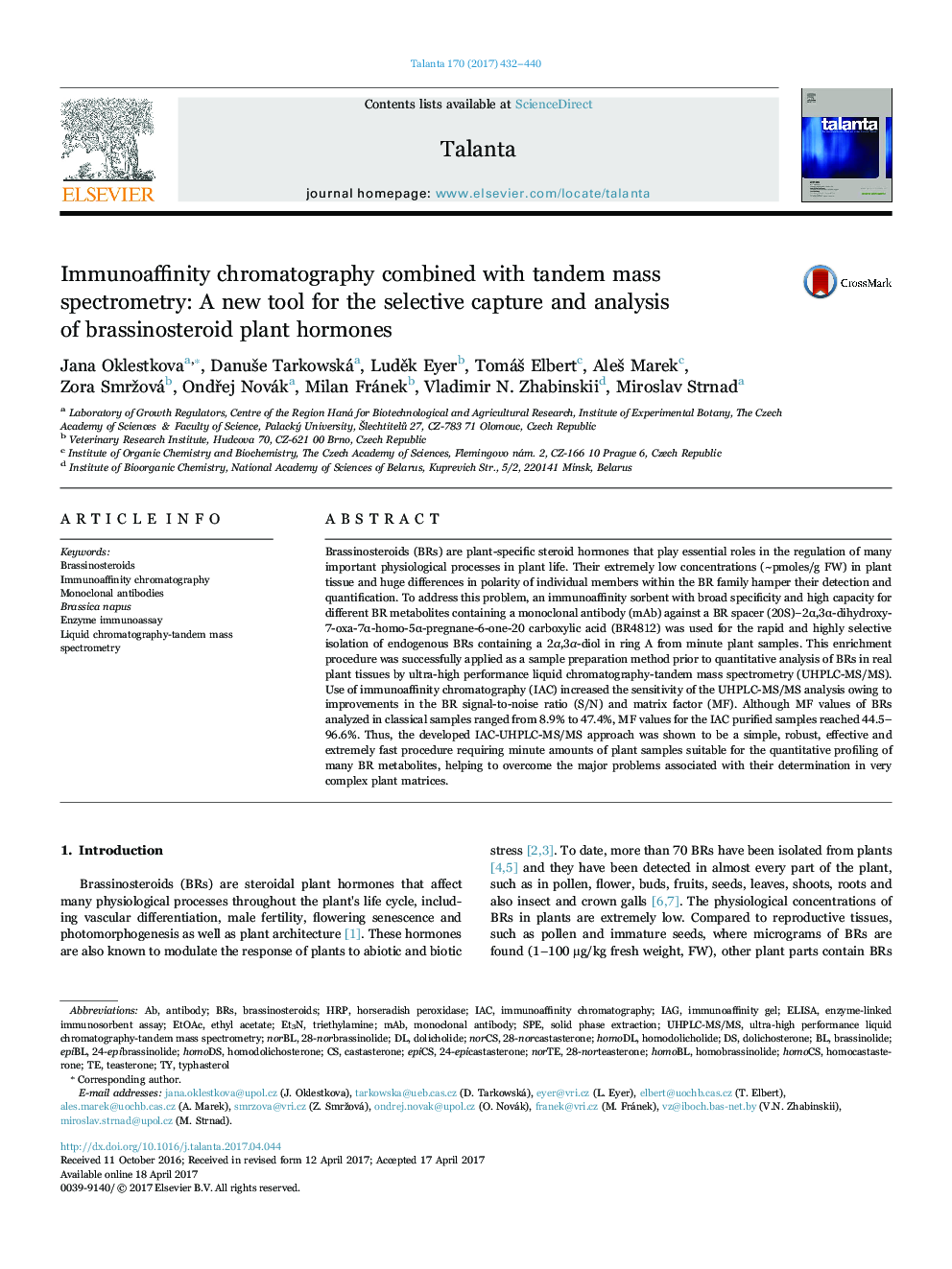 Immunoaffinity chromatography combined with tandem mass spectrometry: A new tool for the selective capture and analysis of brassinosteroid plant hormones