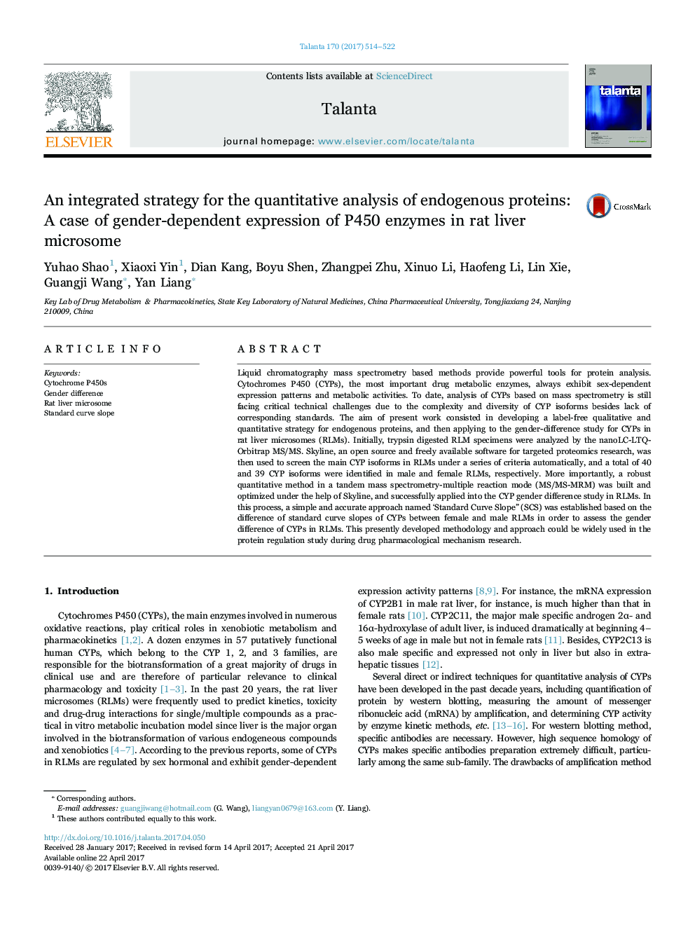 An integrated strategy for the quantitative analysis of endogenous proteins: A case of gender-dependent expression of P450 enzymes in rat liver microsome