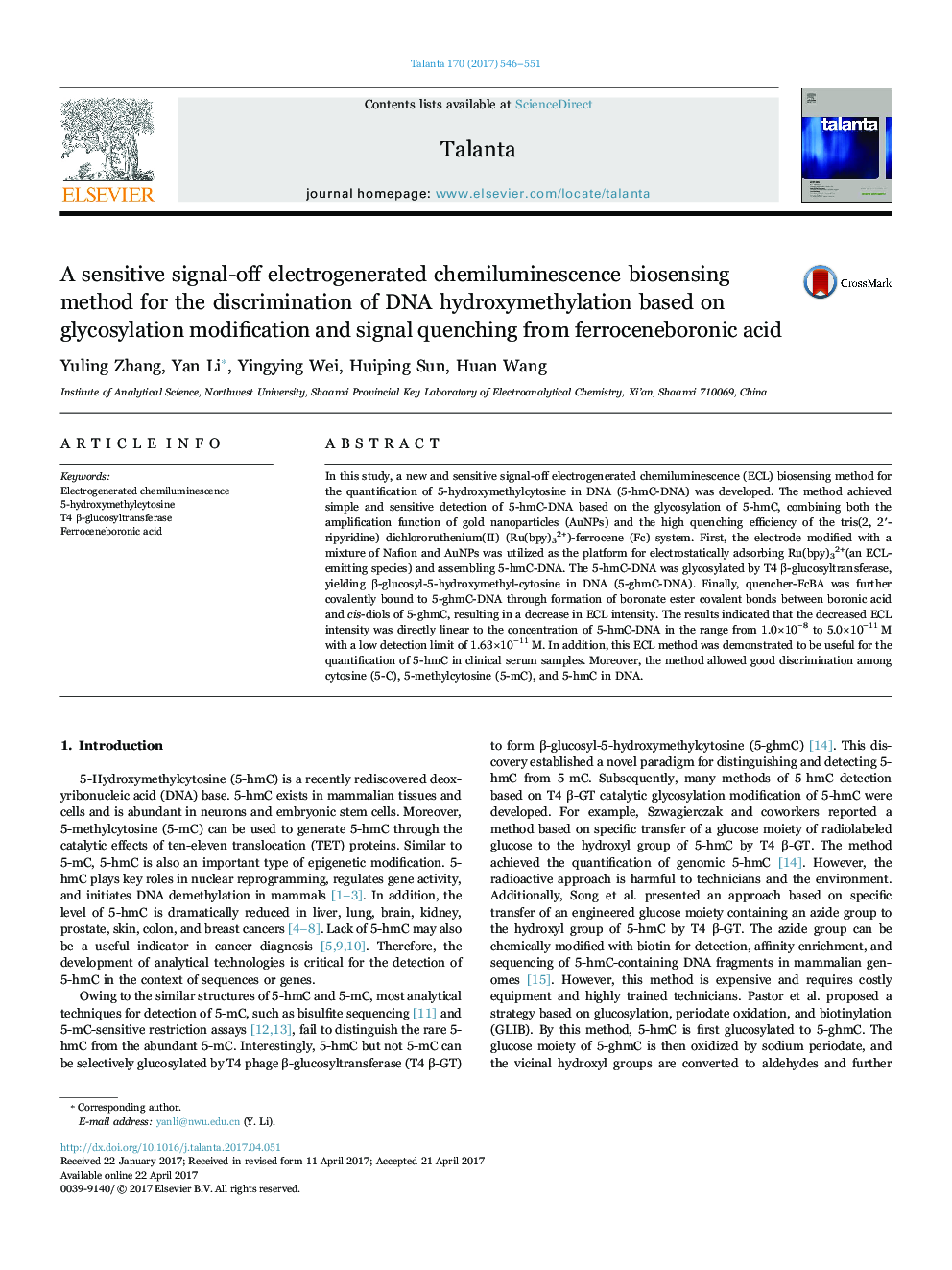 A sensitive signal-off electrogenerated chemiluminescence biosensing method for the discrimination of DNA hydroxymethylation based on glycosylation modification and signal quenching from ferroceneboronic acid