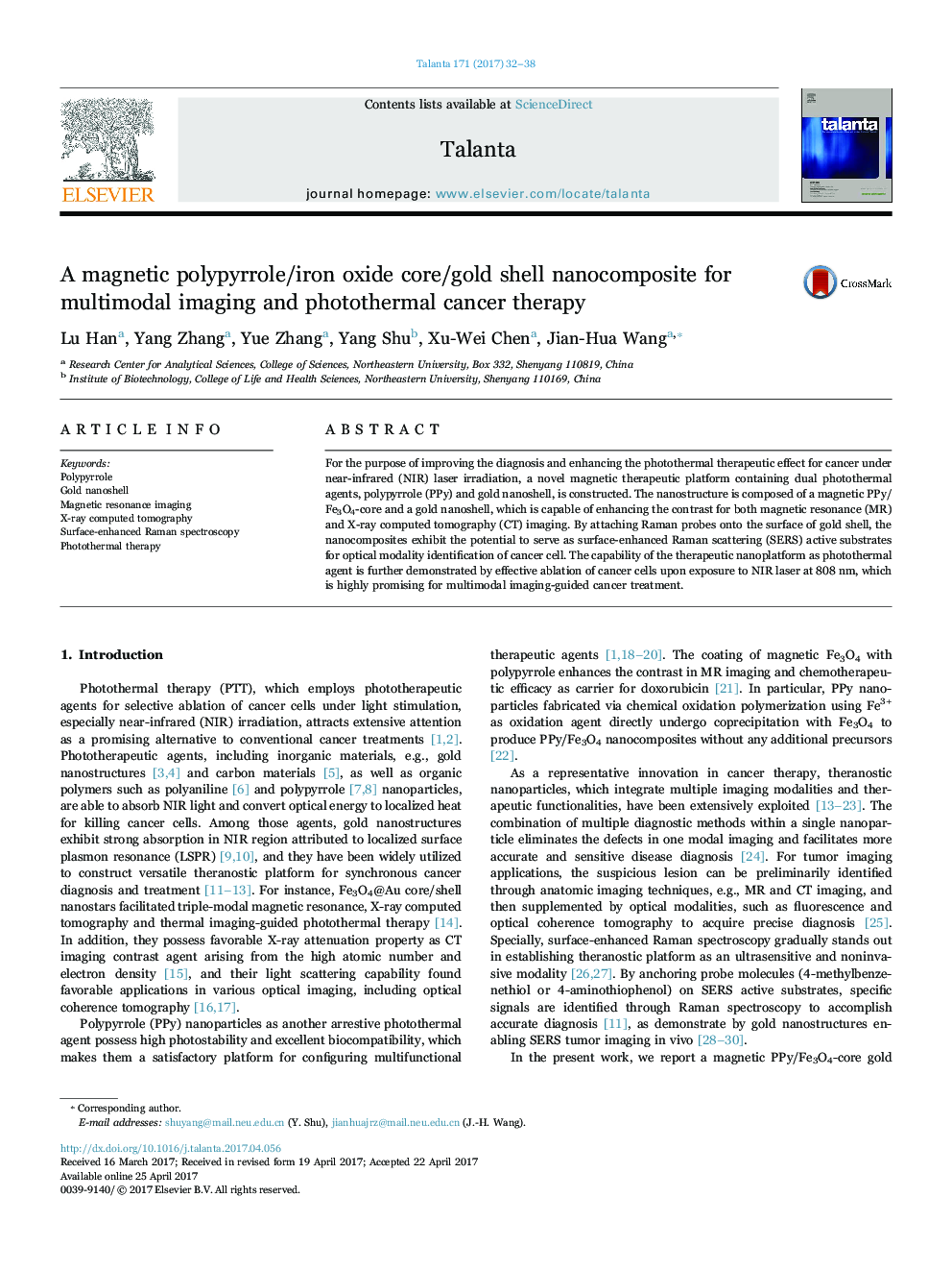 A magnetic polypyrrole/iron oxide core/gold shell nanocomposite for multimodal imaging and photothermal cancer therapy