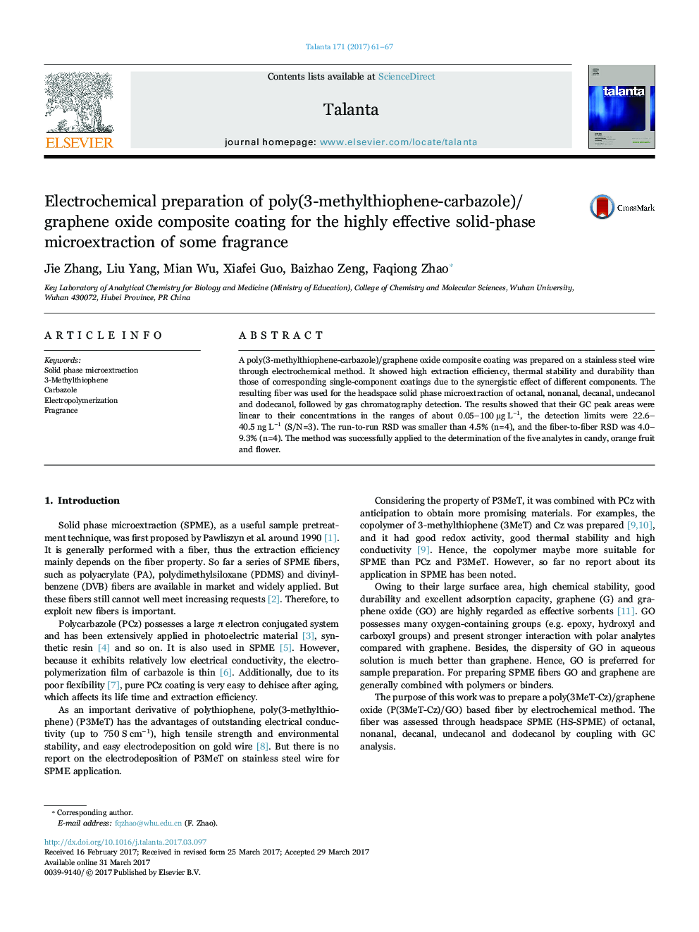 Electrochemical preparation of poly(3-methylthiophene-carbazole)/graphene oxide composite coating for the highly effective solid-phase microextraction of some fragrance