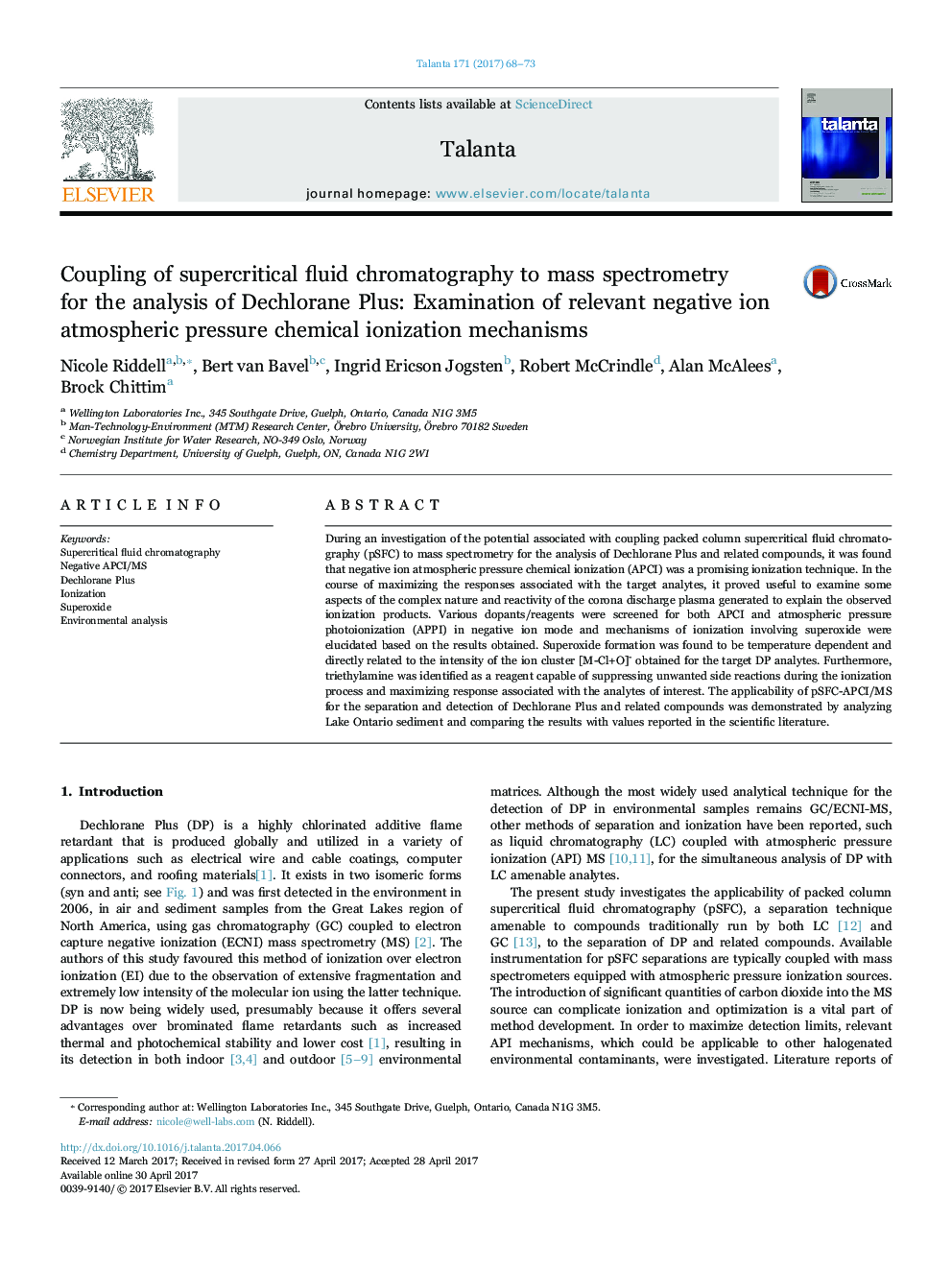 Coupling of supercritical fluid chromatography to mass spectrometry for the analysis of Dechlorane Plus: Examination of relevant negative ion atmospheric pressure chemical ionization mechanisms