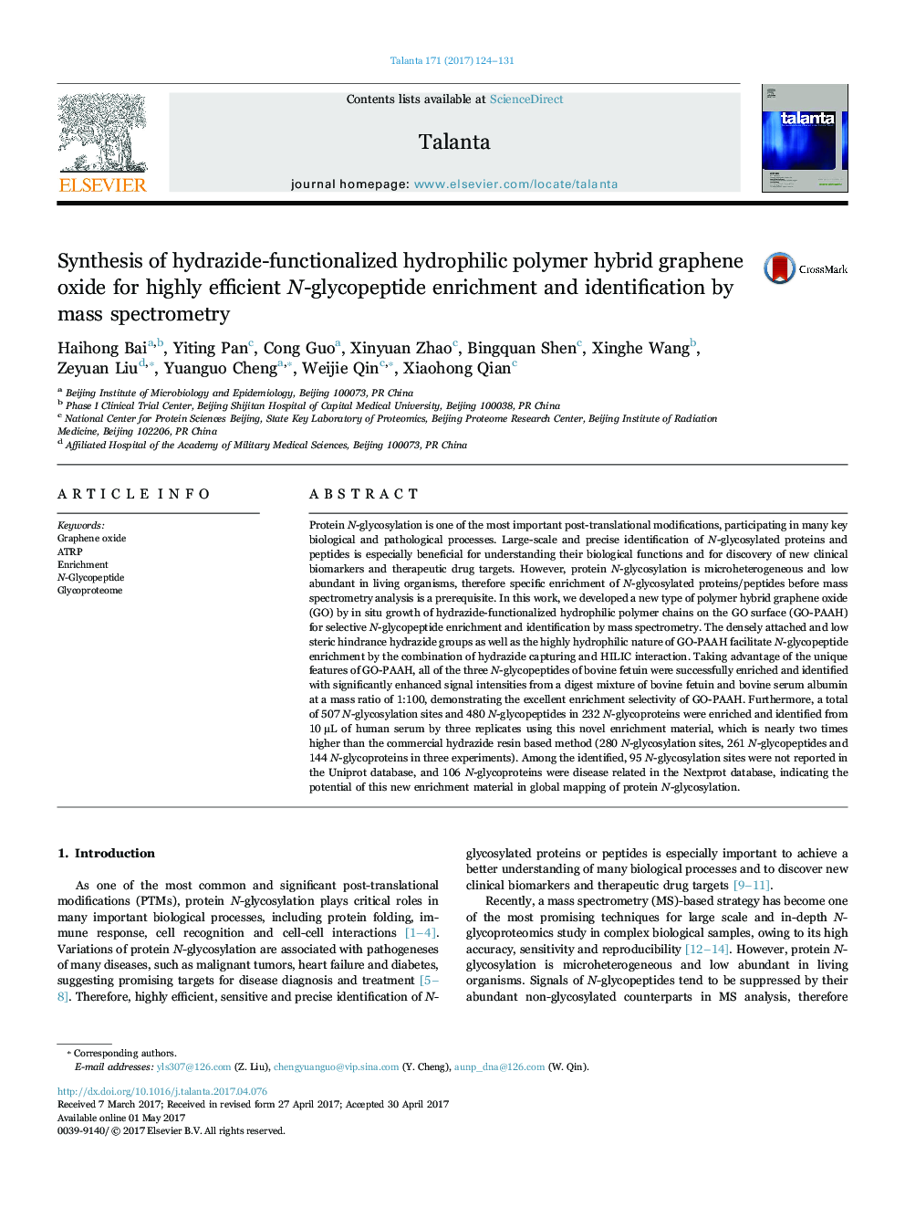 Synthesis of hydrazide-functionalized hydrophilic polymer hybrid graphene oxide for highly efficient N-glycopeptide enrichment and identification by mass spectrometry