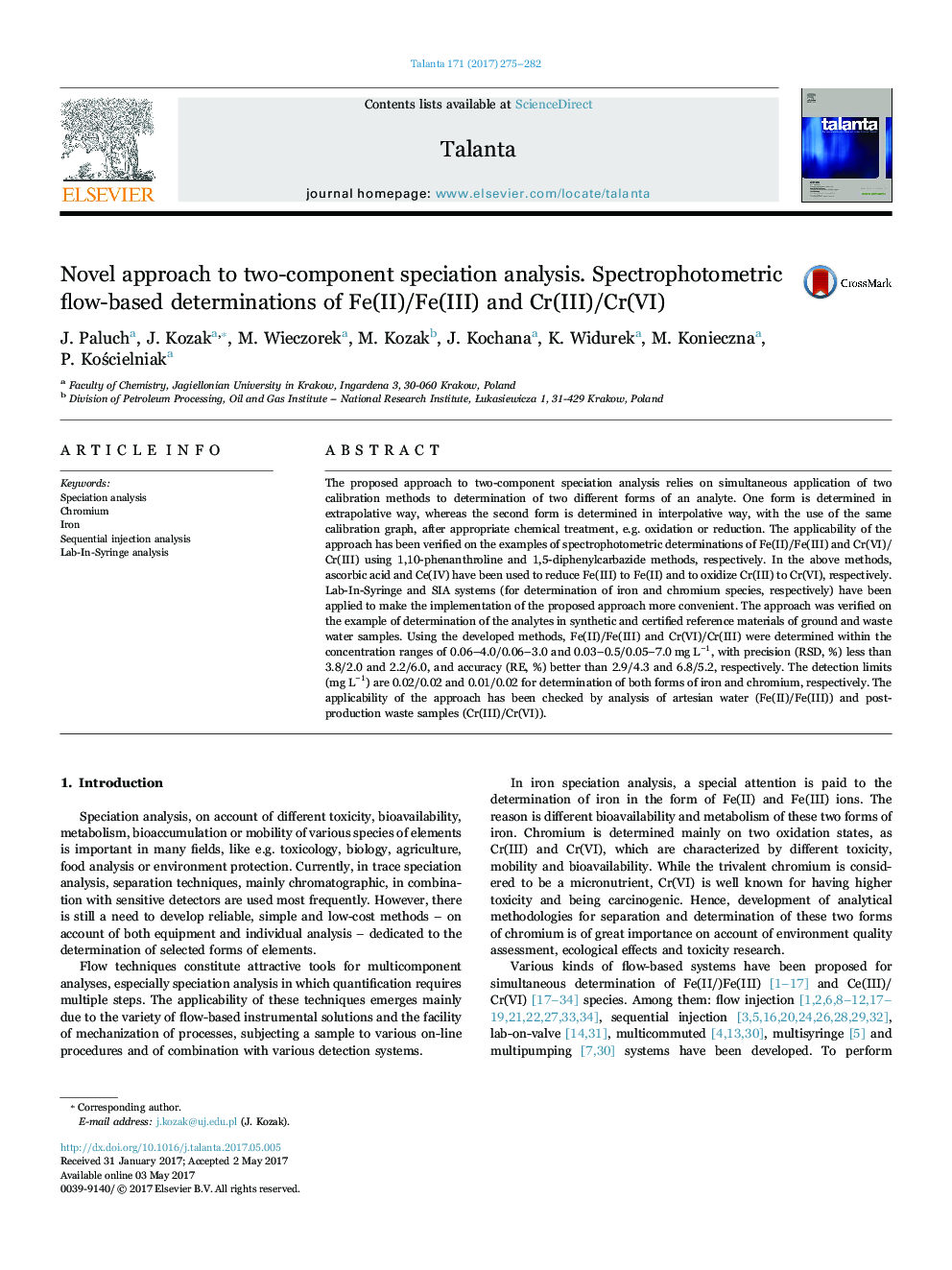 Novel approach to two-component speciation analysis. Spectrophotometric flow-based determinations of Fe(II)/Fe(III) and Cr(III)/Cr(VI)